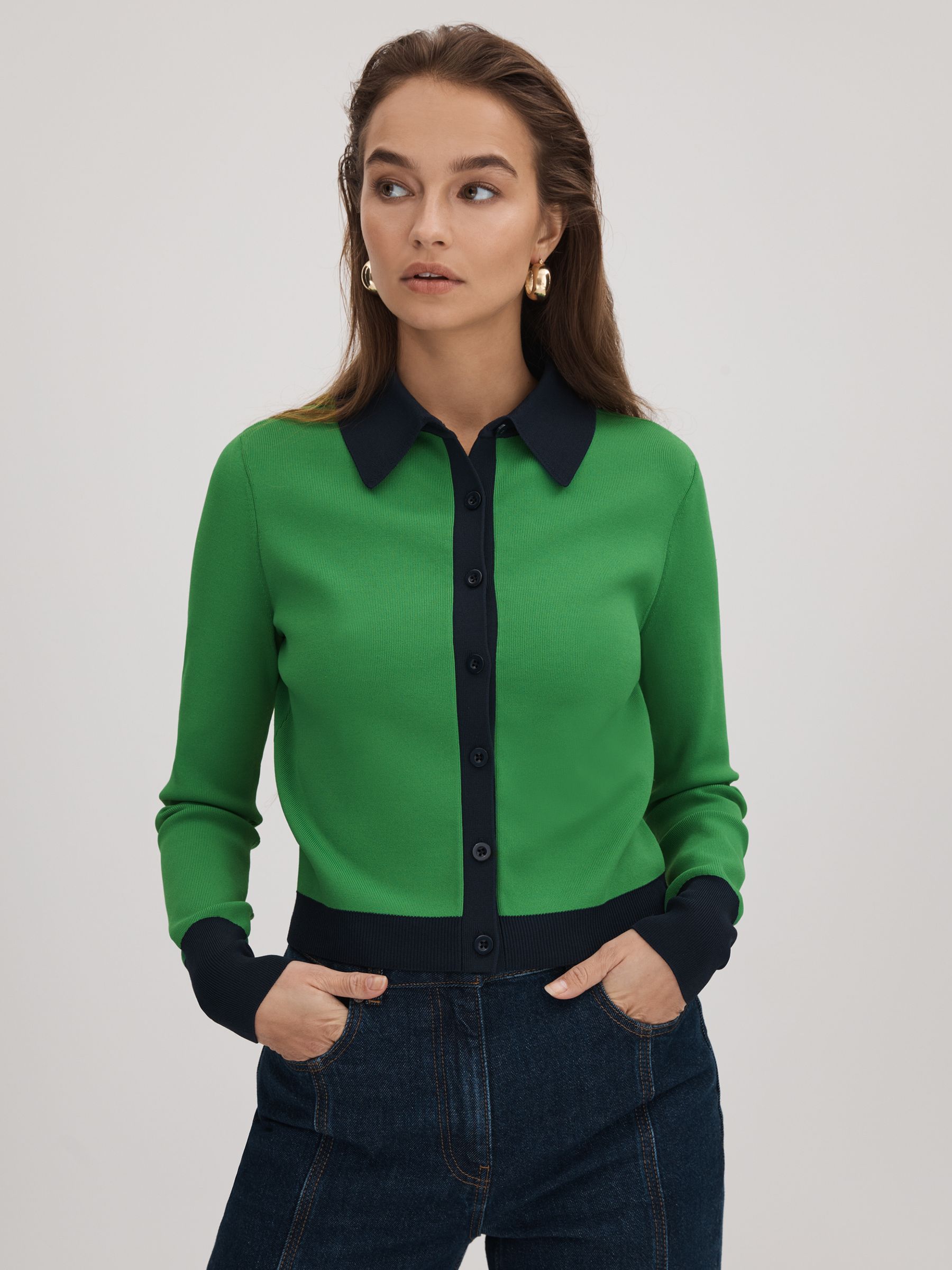 Florere Fitted Contrast Trim Cardigan in Bright Green - Image 1 of 6