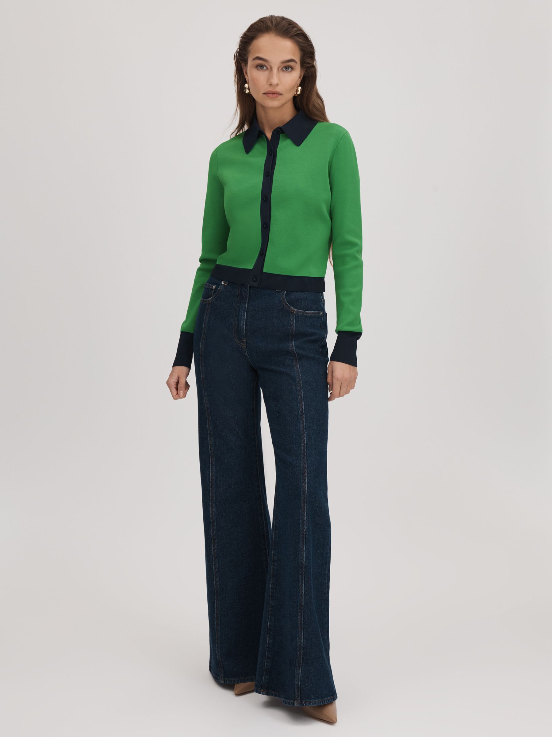 Florere Fitted Contrast Trim Cardigan in Bright Green - Image 3 of 6