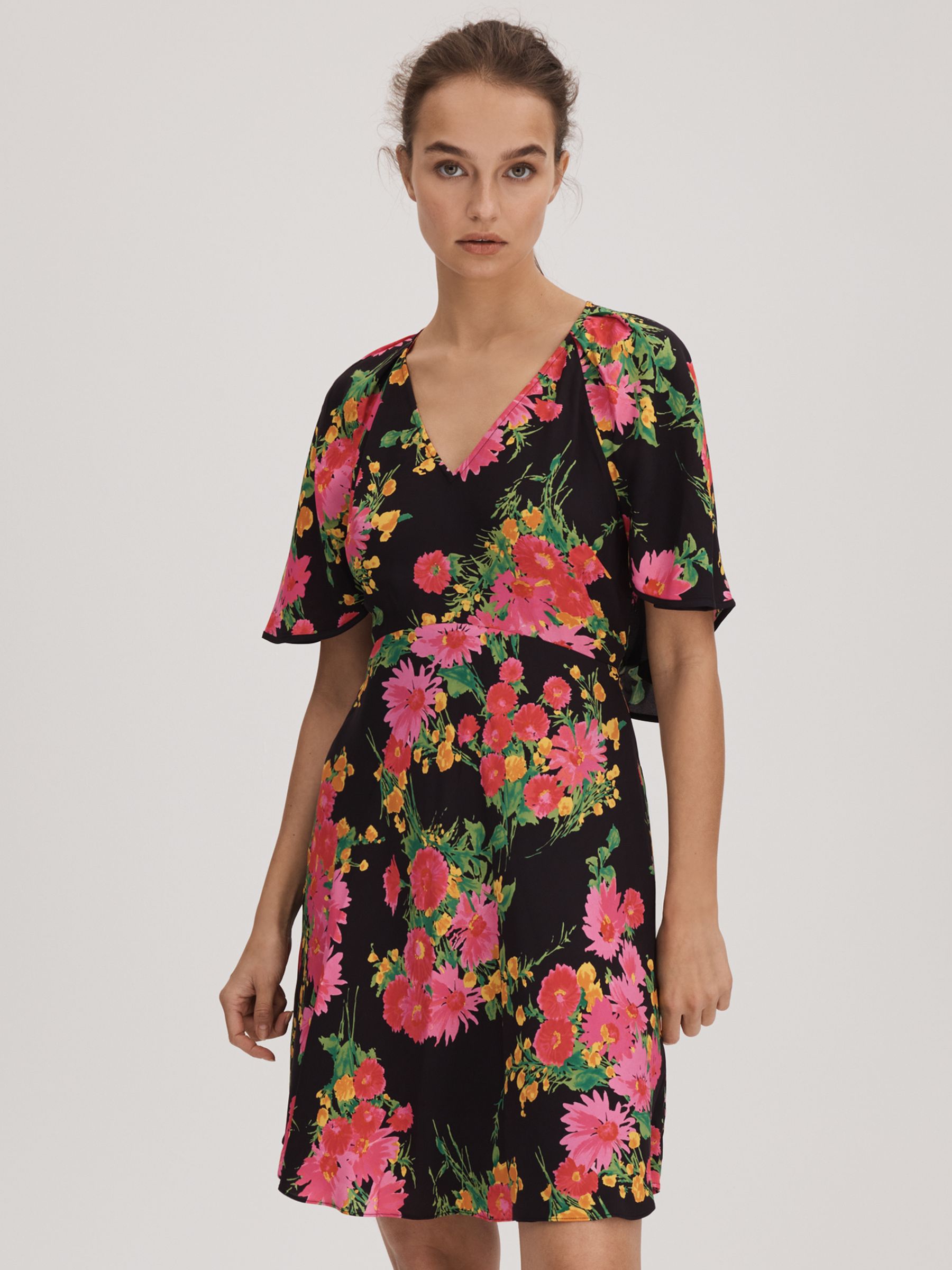 Florere Printed Cape Sleeve Mini Dress in Pink/Black - Image 1 of 6