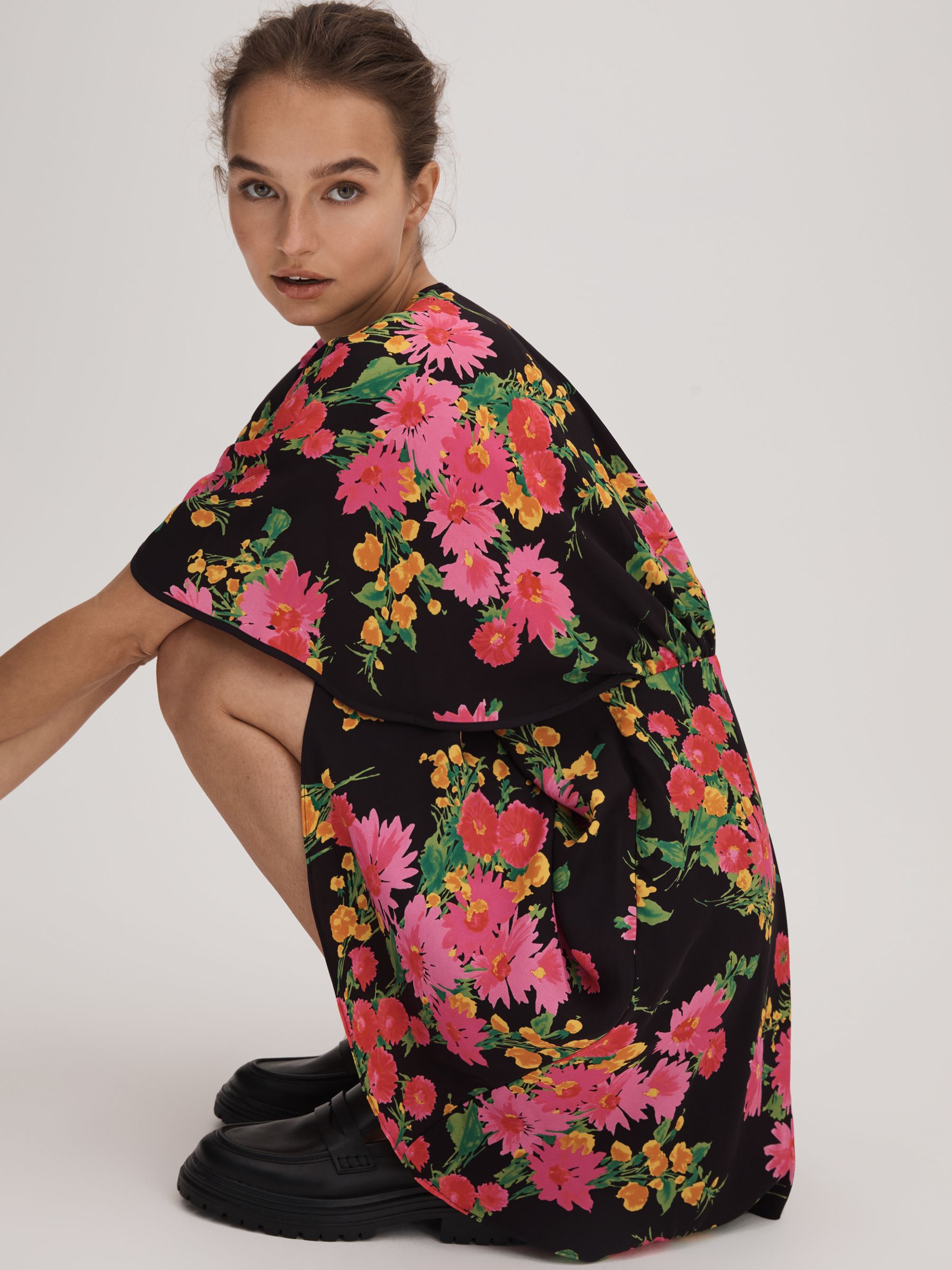 Florere Printed Cape Sleeve Mini Dress in Pink/Black - Image 3 of 6