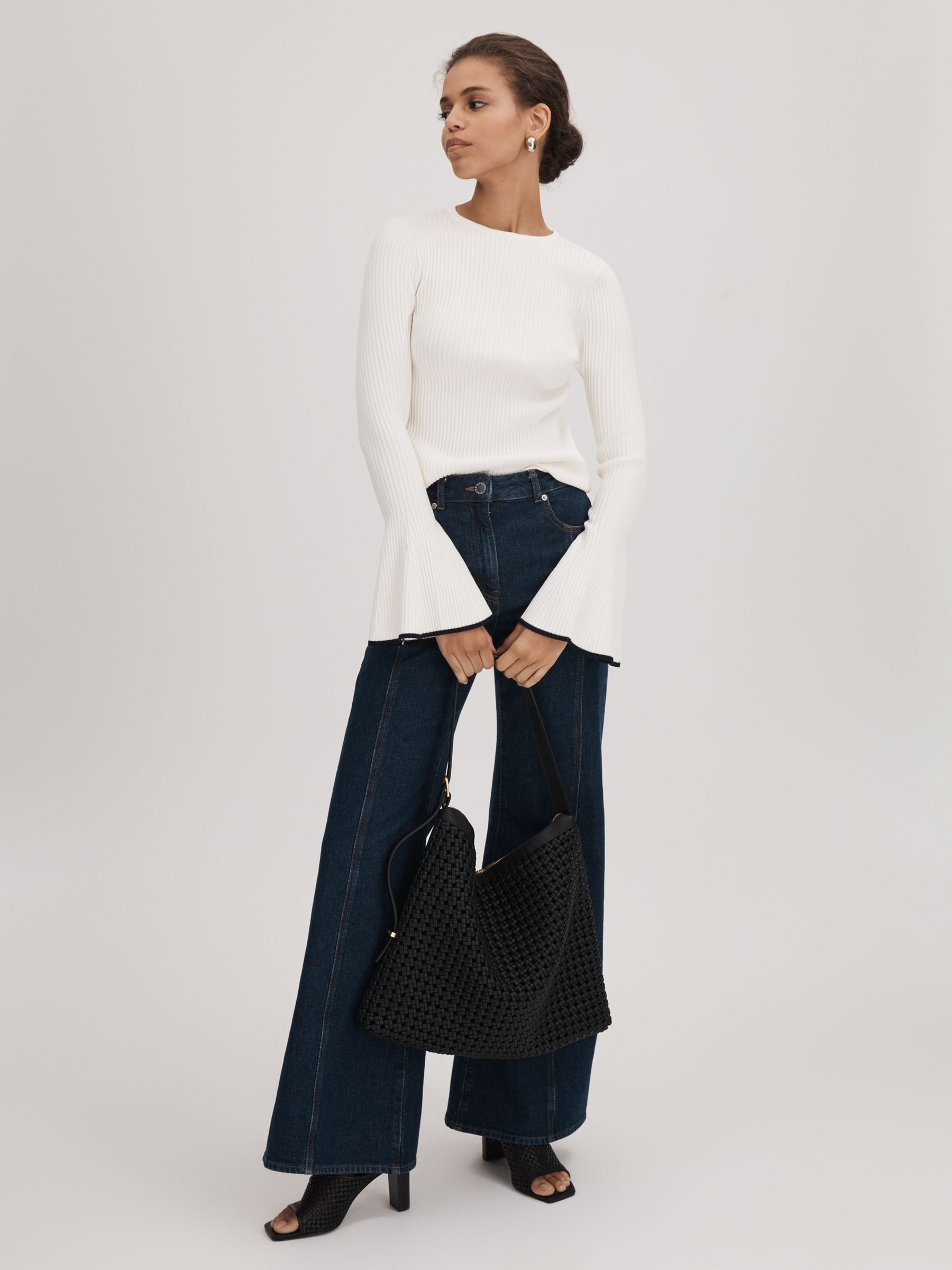 Florere Ribbed Fluted Cuff Jumper in Off White - Image 3 of 6
