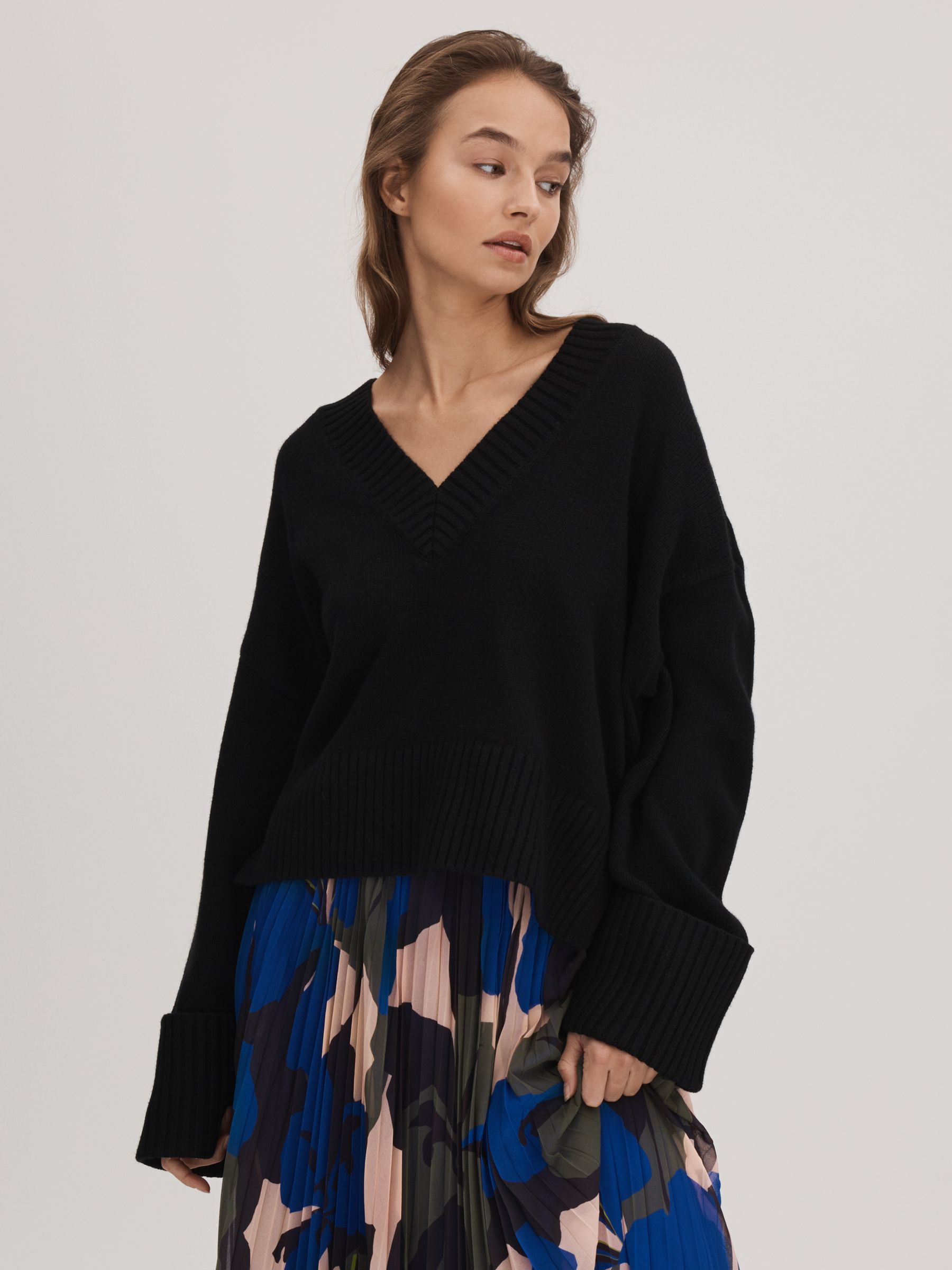 Florere Oversized V-Neck Jumper in Black - Image 1 of 6