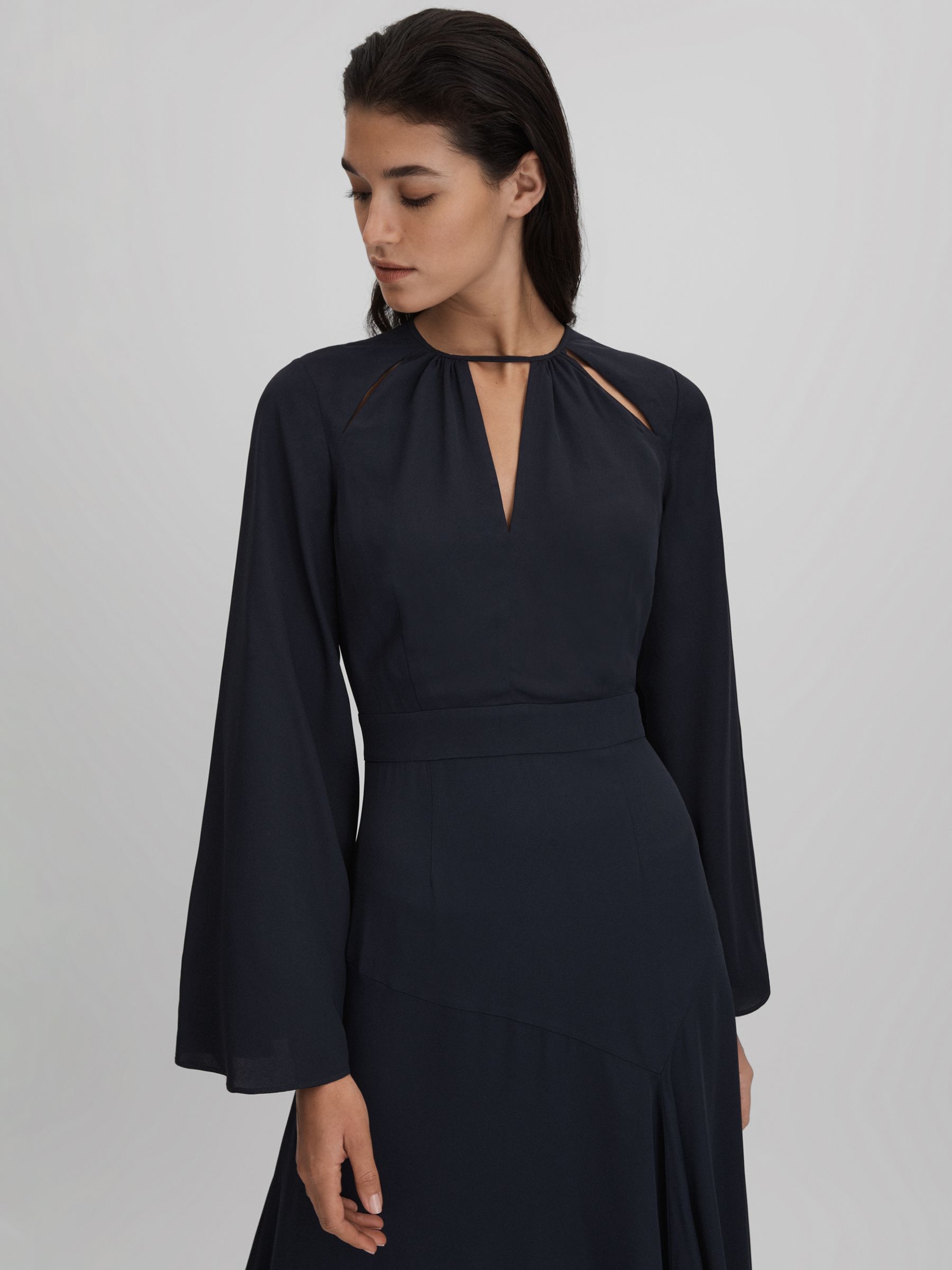 Flute Sleeve Midi Dress in Navy - Image 3 of 6