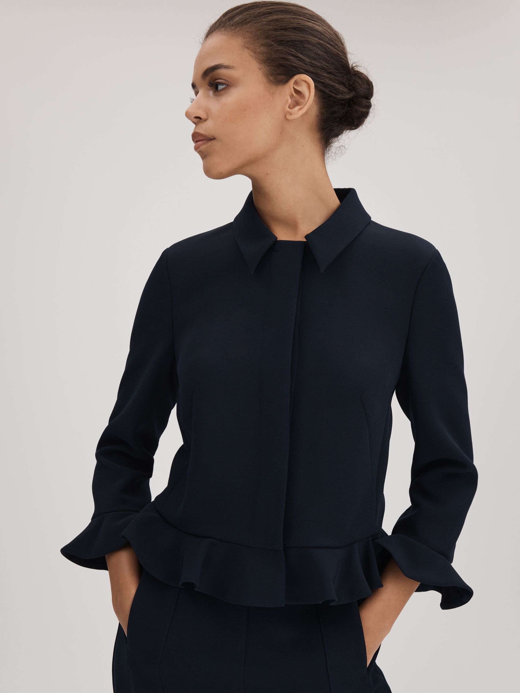 Florere Crepe Ruffle Jacket in Navy - Image 1 of 6