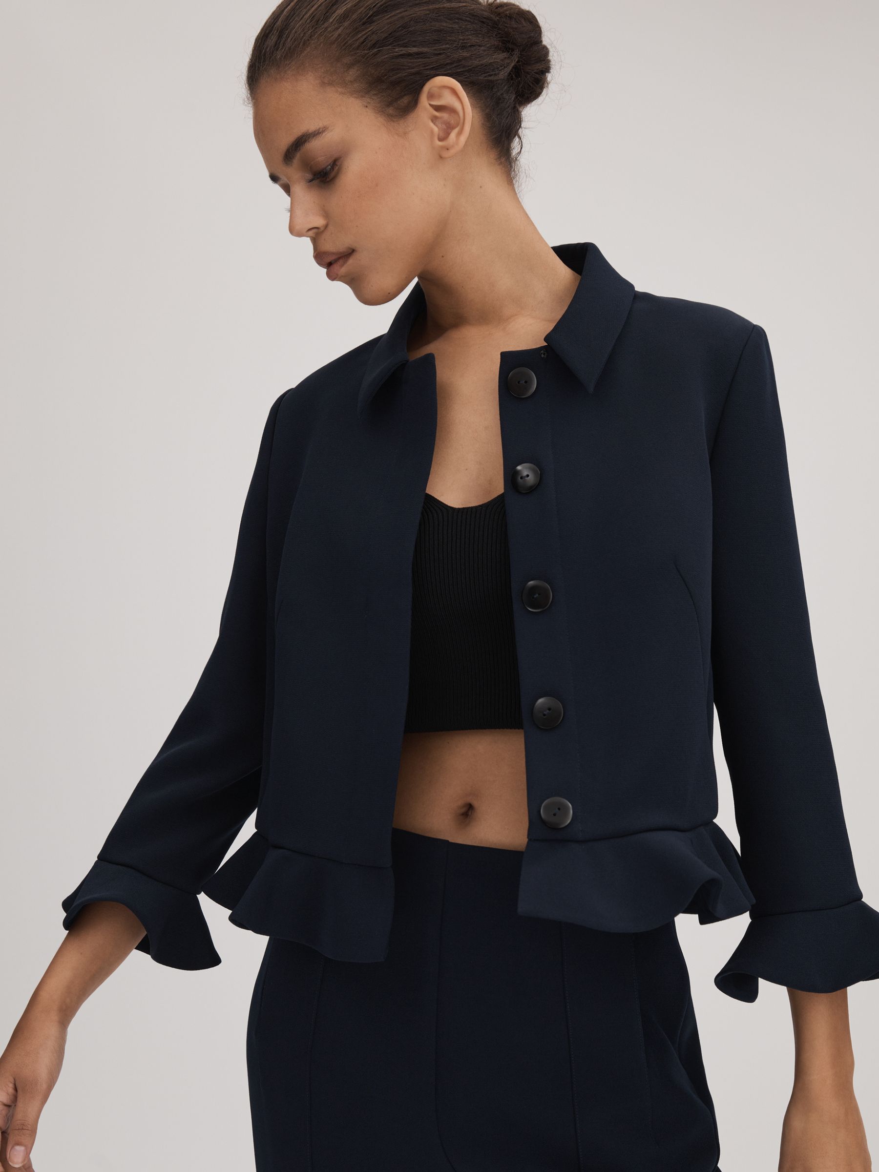 Florere Crepe Ruffle Jacket in Navy - Image 5 of 6