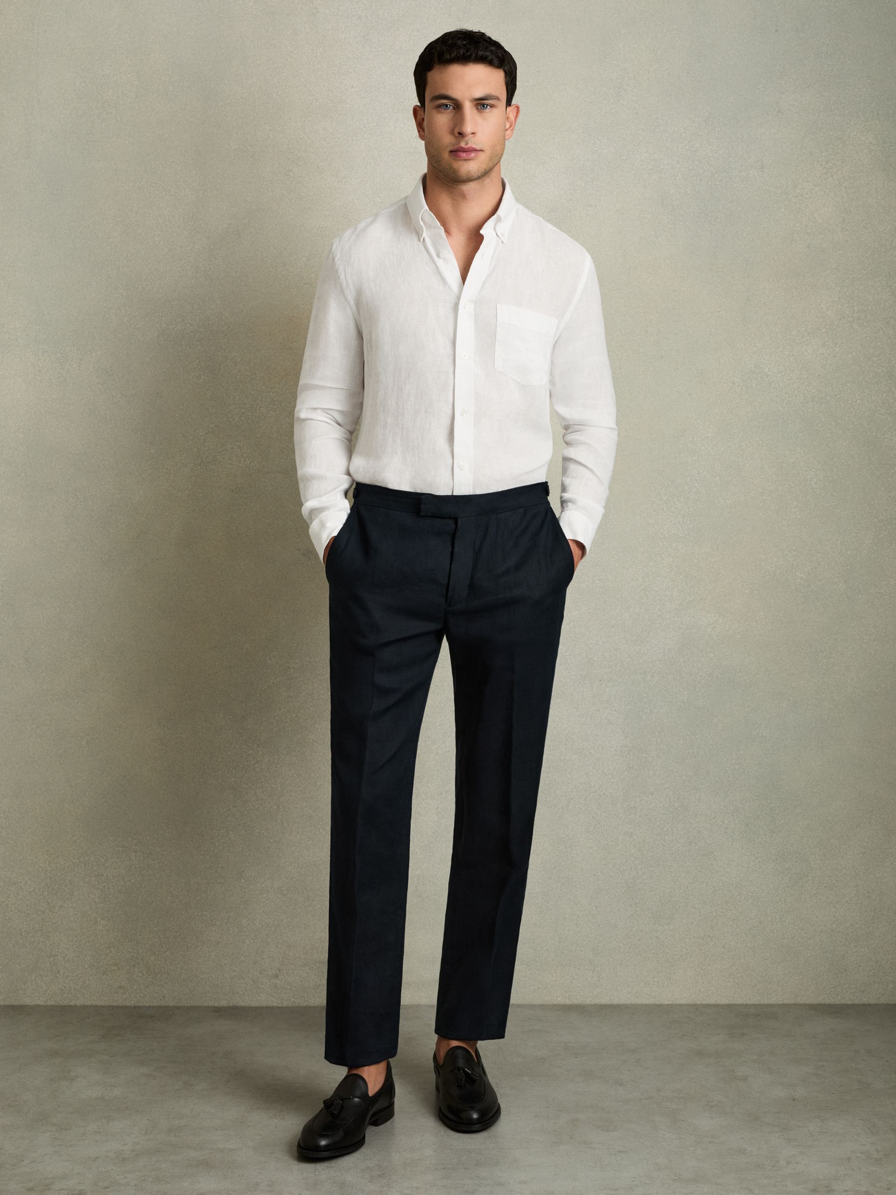 100% Linen Button-Down Collar Shirt in White - Image 6 of 6