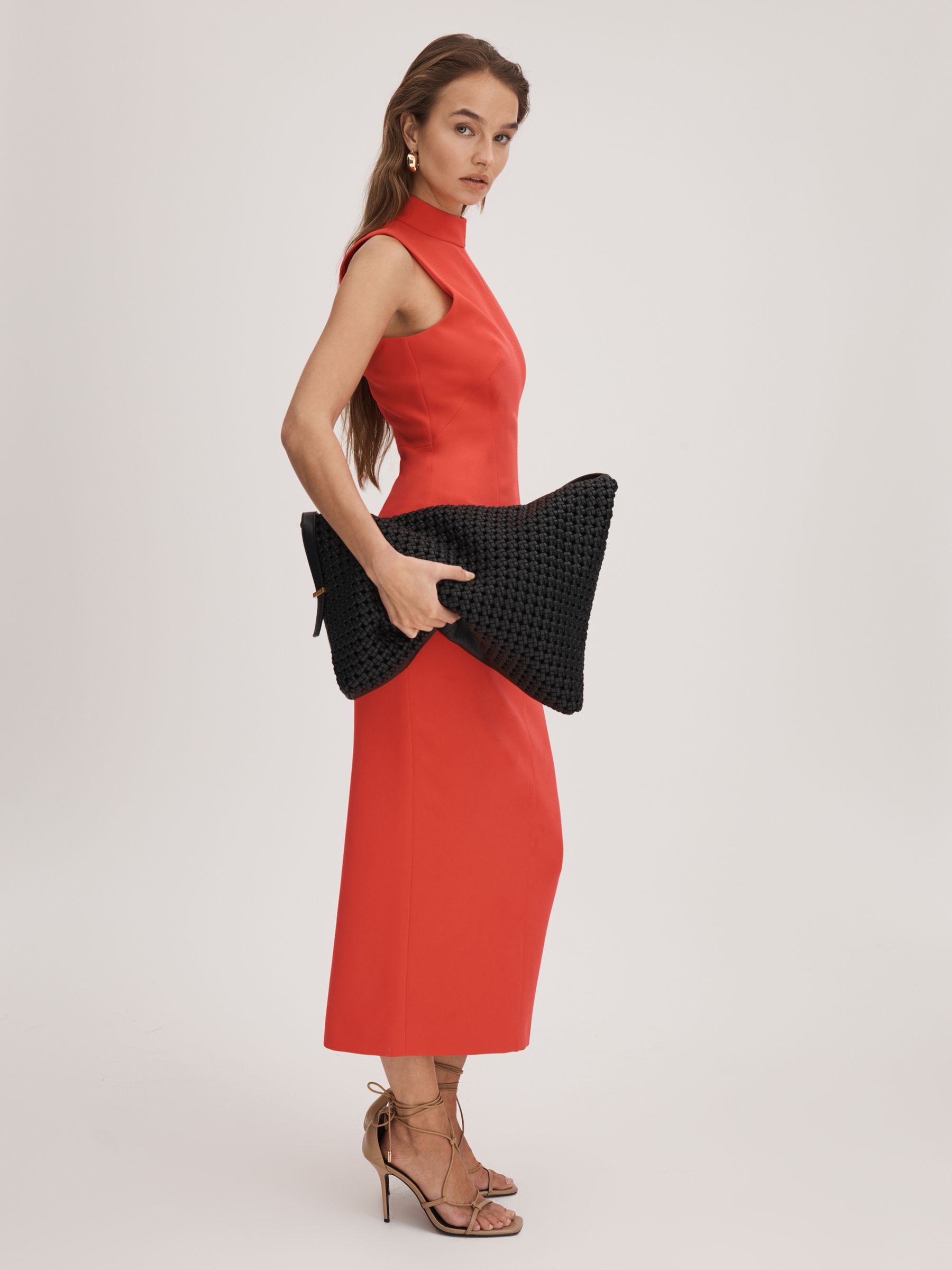 Florere Crepe Fitted Midi Dress in Deep Coral - Image 5 of 6