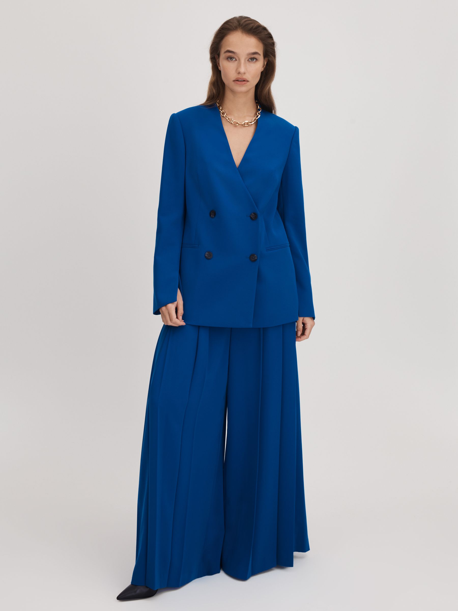 Florere Collarless Double Breasted Blazer in Bright Blue - Image 3 of 7