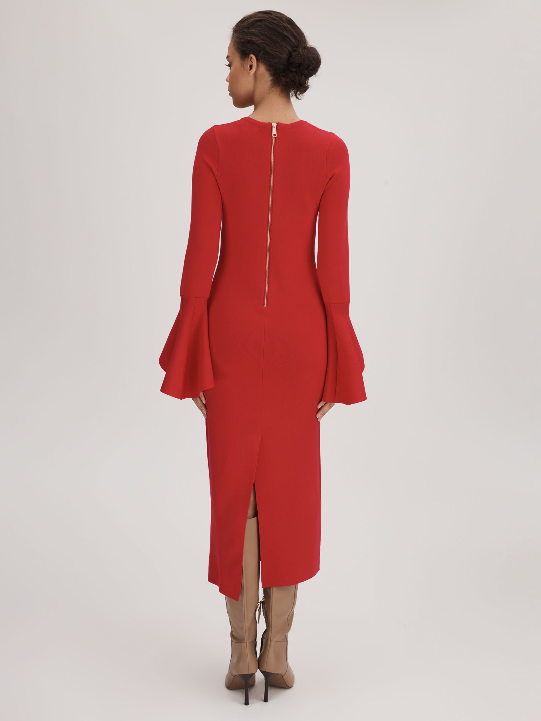 Florere Fitted Fluted Cuff Midi Dress in Red - Image 5 of 6