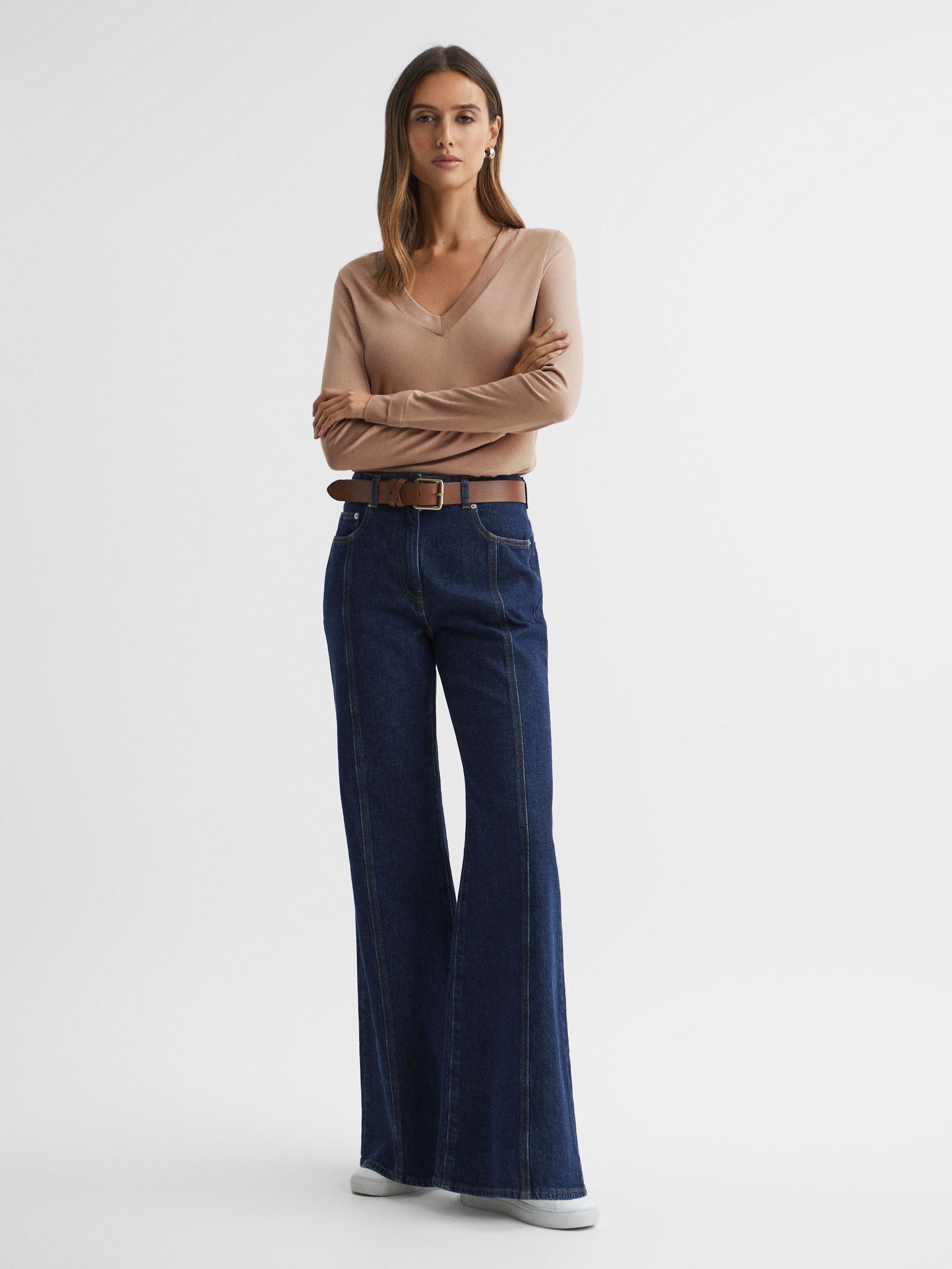 Jersey V-Neck Top in Camel - Image 3 of 6