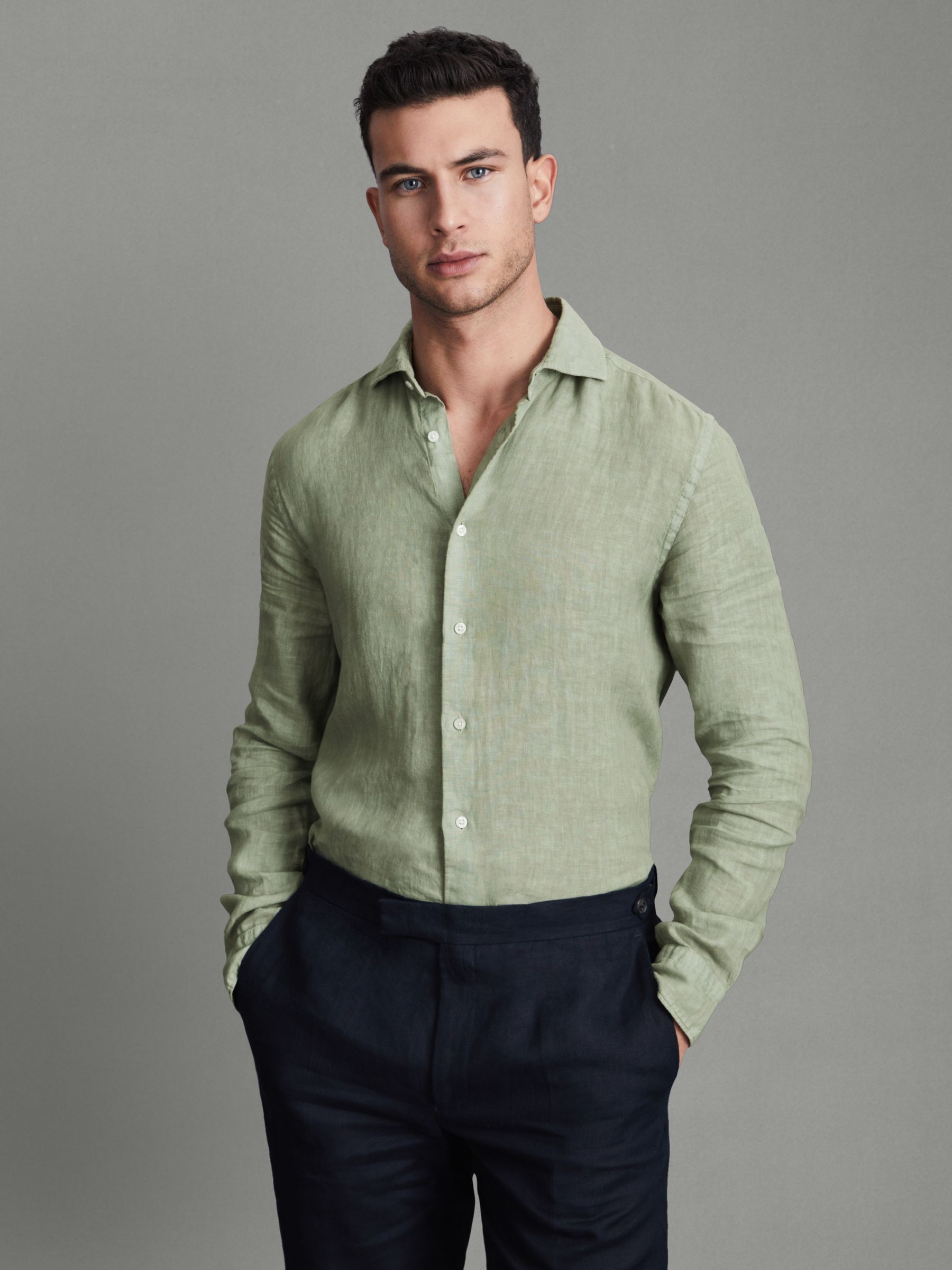 Linen Button-Through Shirt in Pistachio - Image 1 of 5