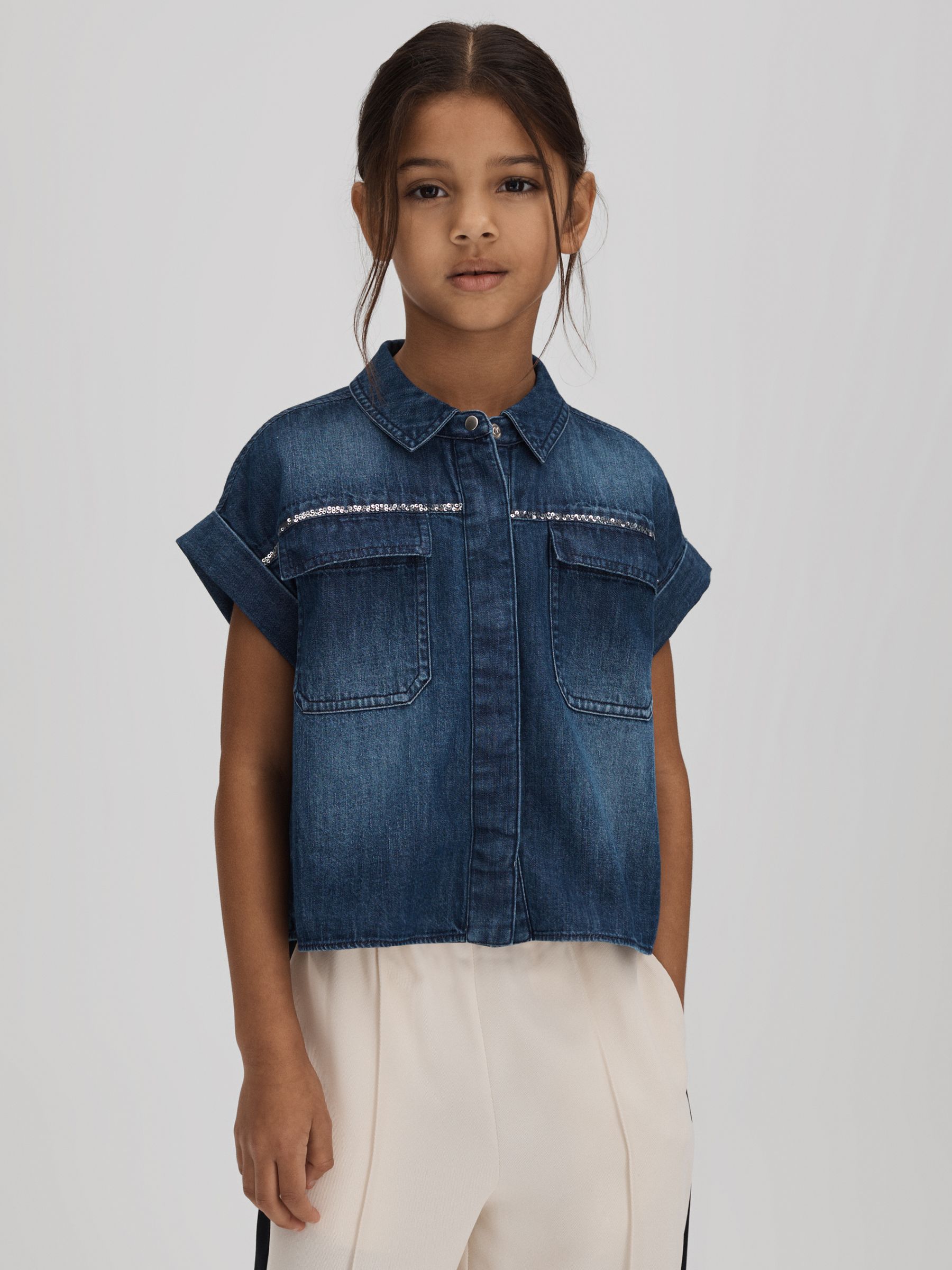 4-9 yrs Embellished Denim Shirt in Blue - Image 1 of 7