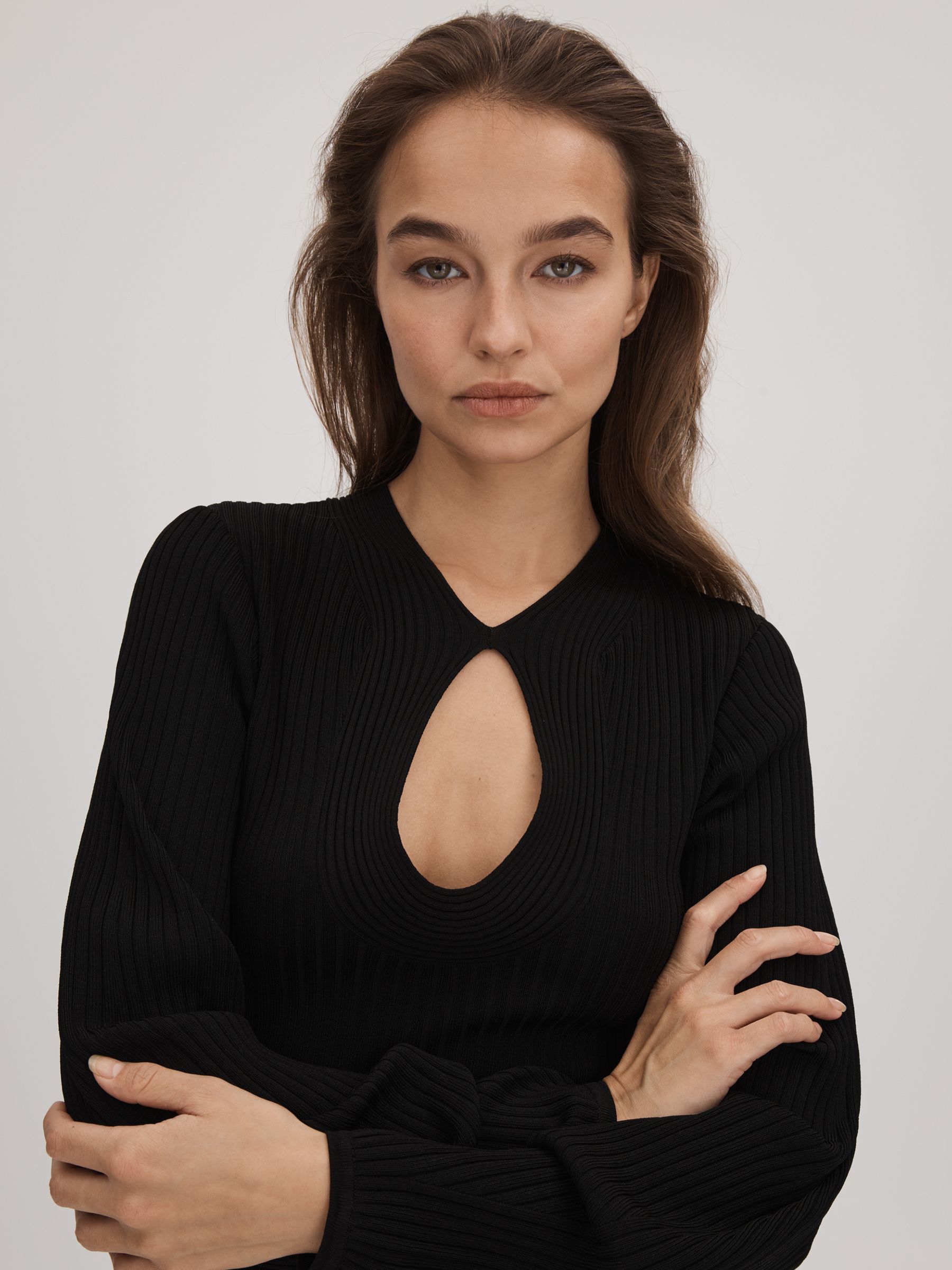 Florere Ribbed Blouson Sleeve Midi Dress in Black - Image 3 of 5