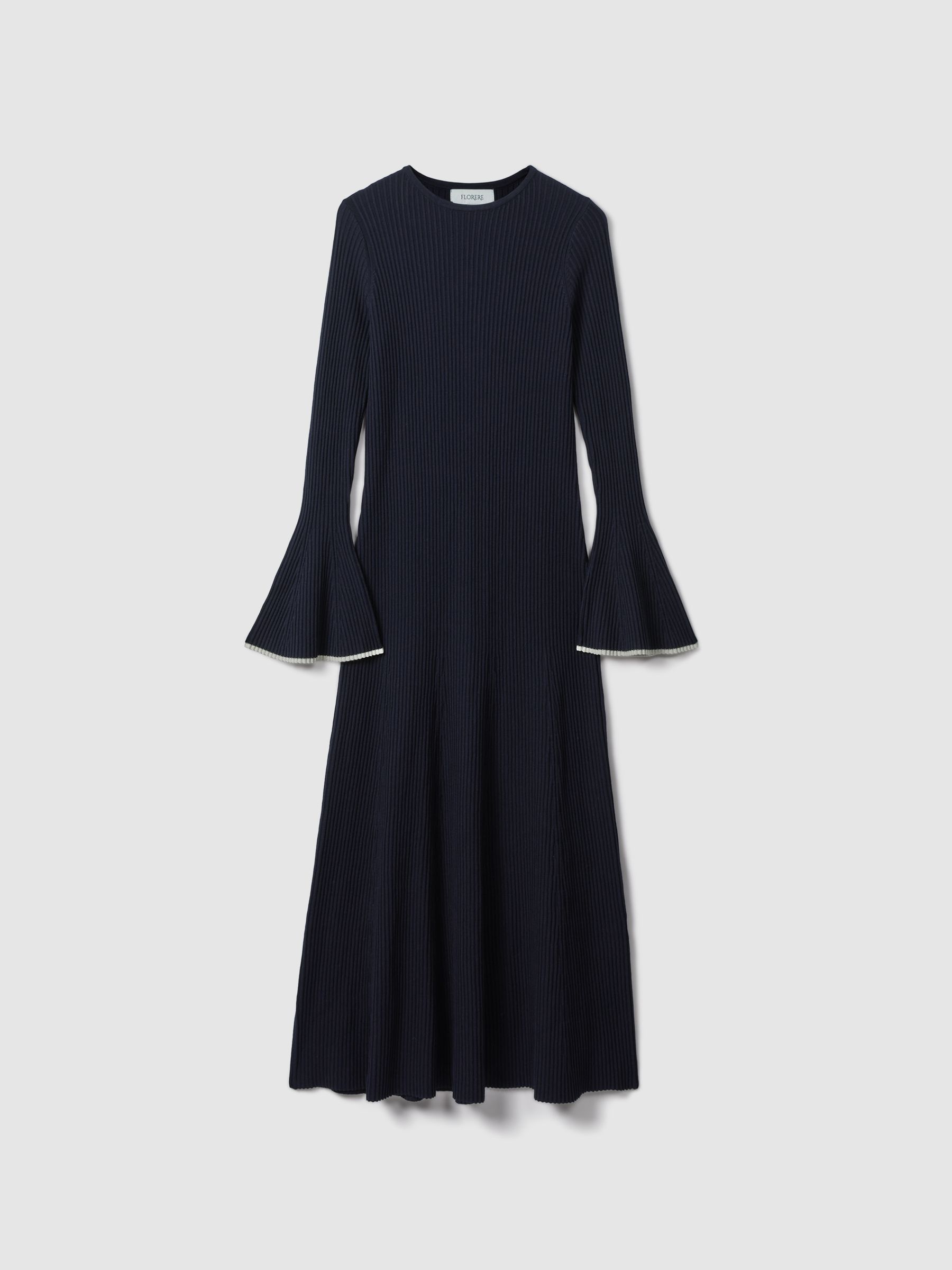 Florere Fitted Fluted Cuff Midi Dress in Navy - Image 2 of 7