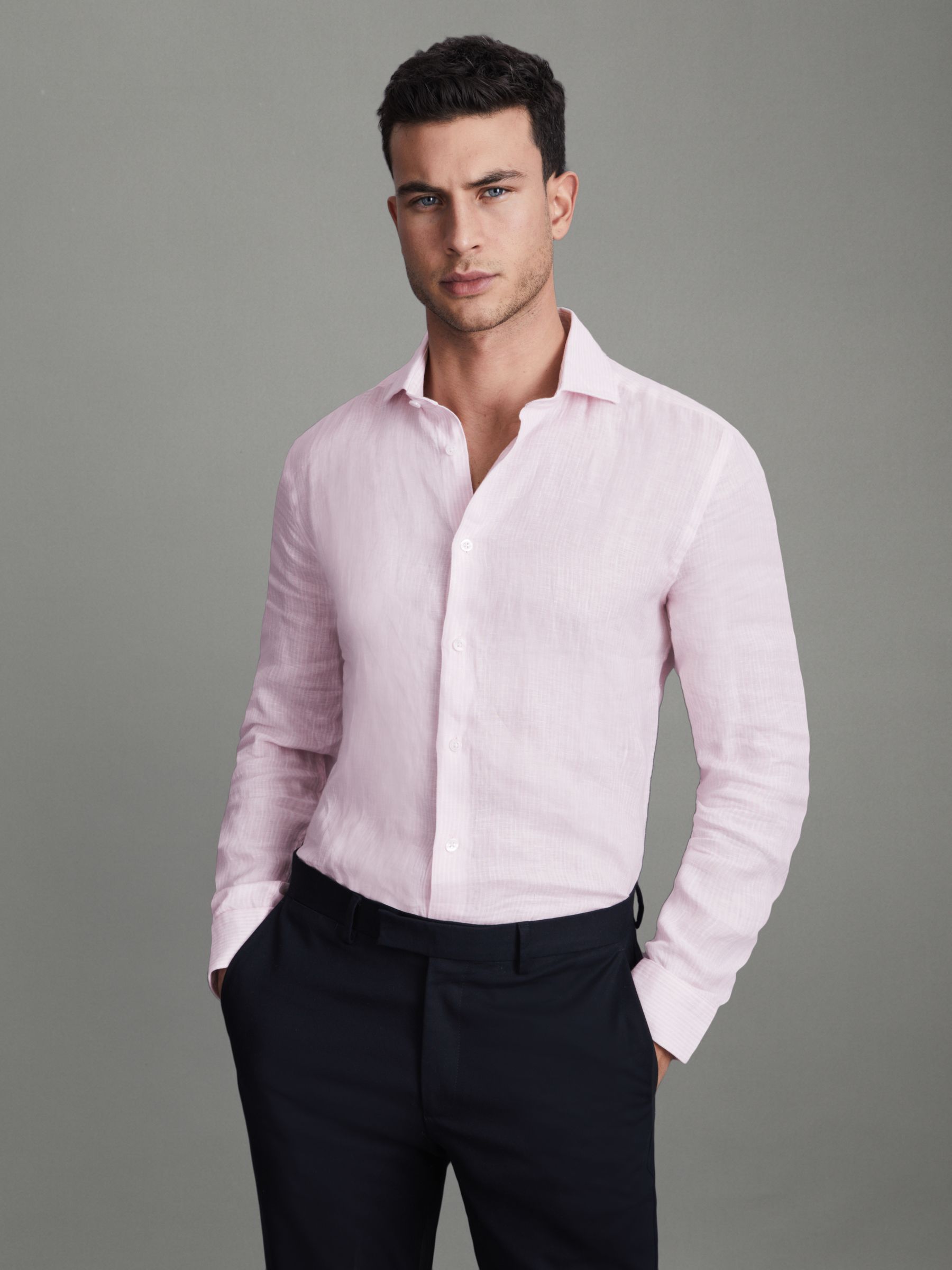 Linen Button-Through Shirt in Soft Pink Fine Stripe - Image 1 of 5 Linen Button-Through Shirt in Soft Pink Fine Stripe - Image 1 of 5