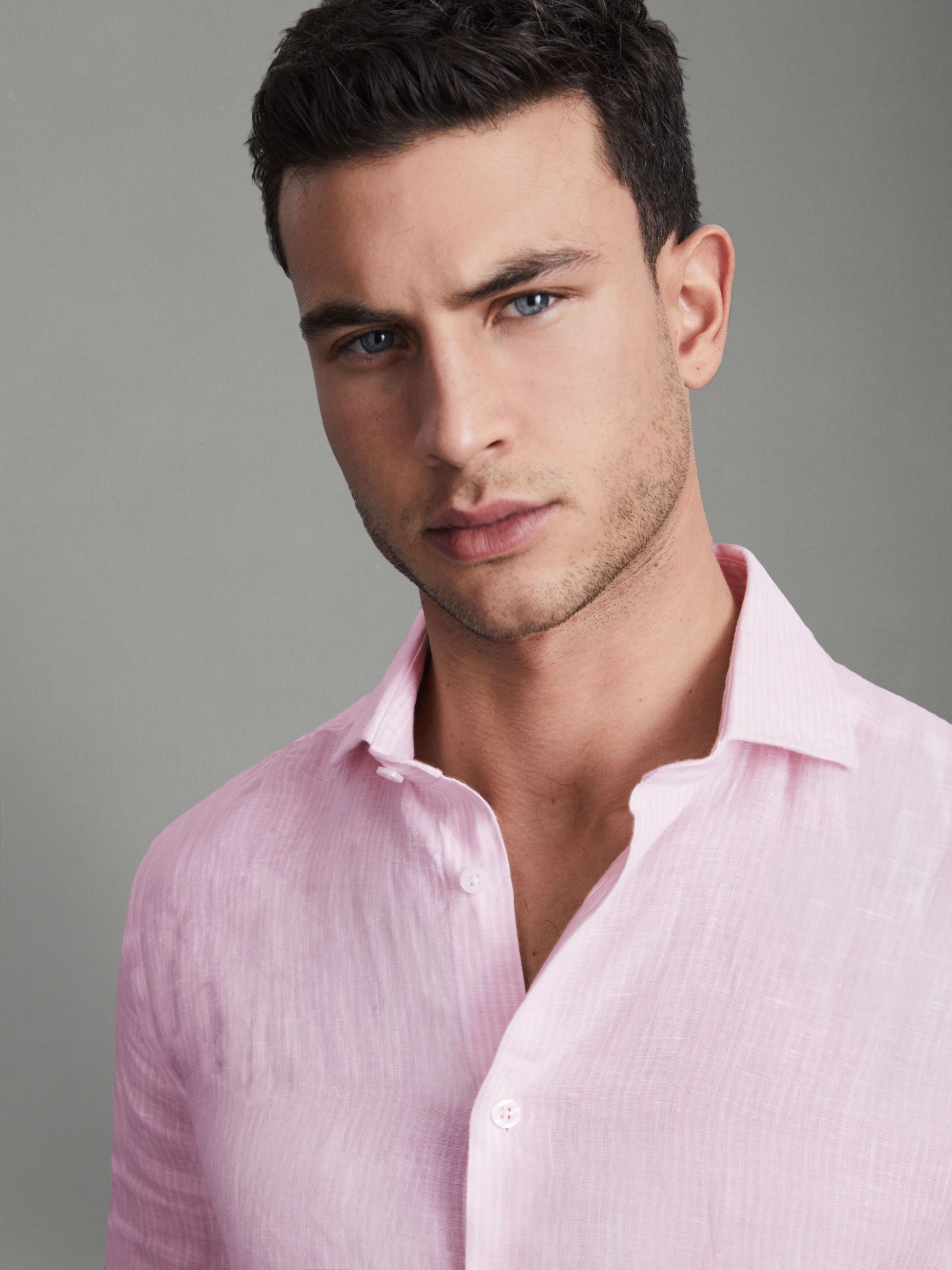 Linen Button-Through Shirt in Soft Pink Fine Stripe - Image 4 of 5