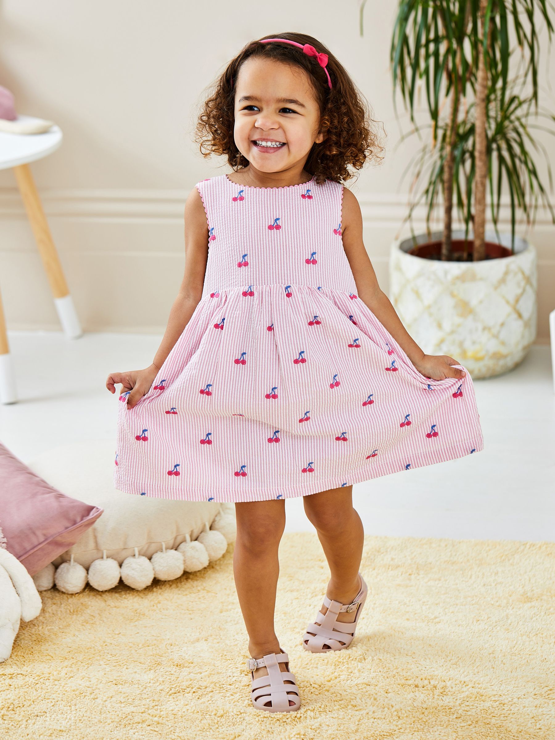 Pink Cherry Stripe Embroidered Summer Dress - Image 1 of 5