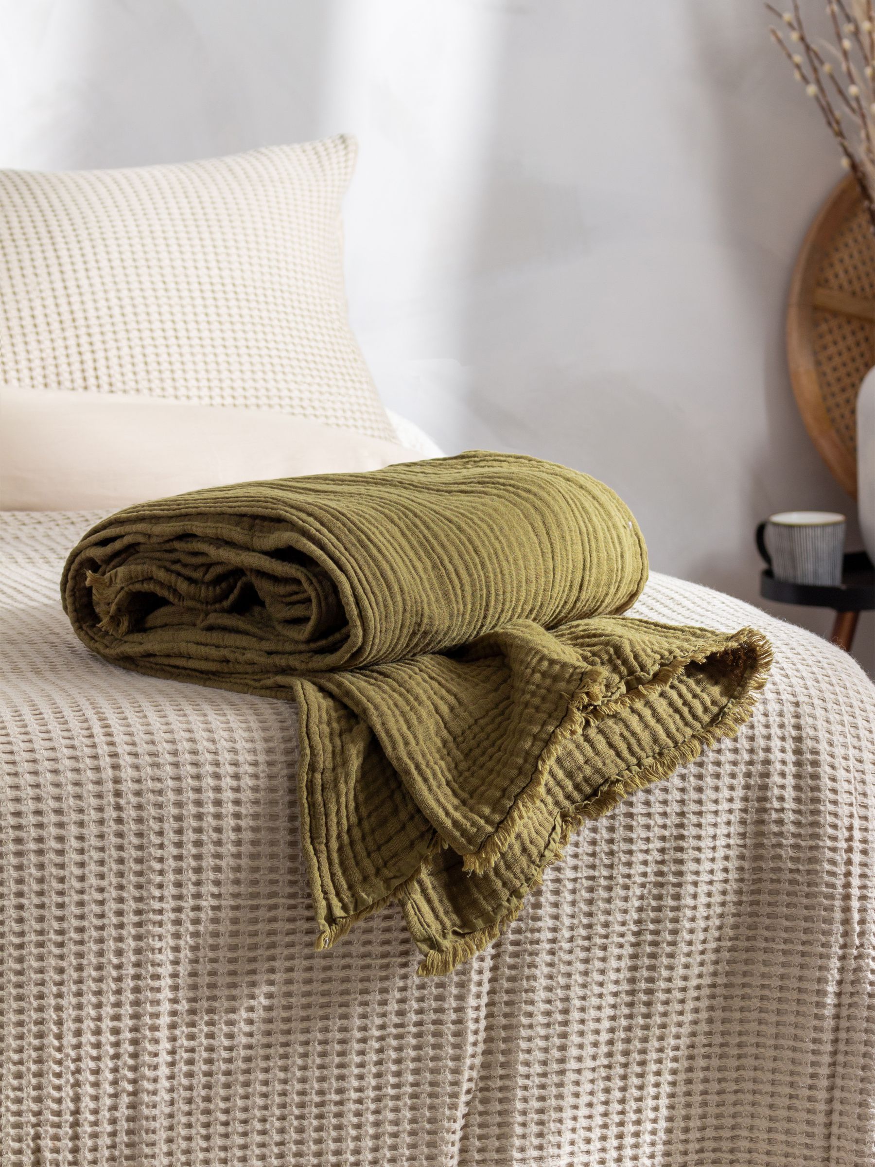 Yard Khaki Green Lark 4 Layer Muslin Crinkle 100% Cotton Throw - Image 1 of 6