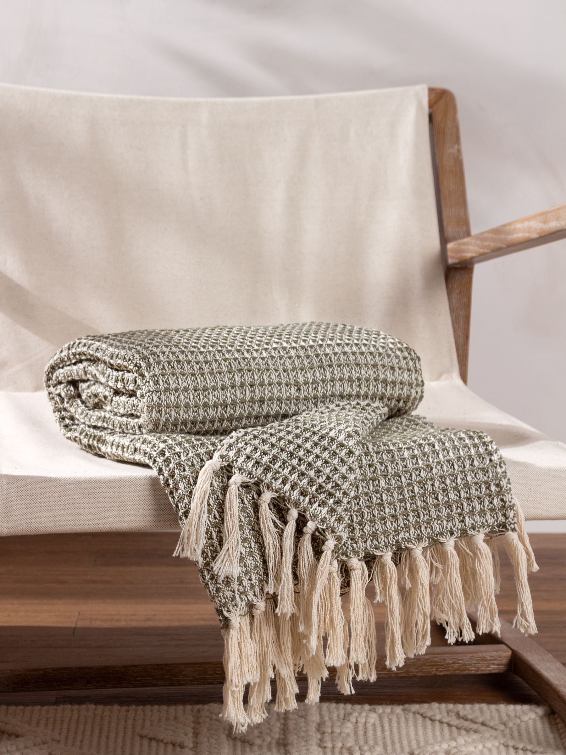Yard Lichen Green Lorne Waffle Fringed 100% Cotton Throw