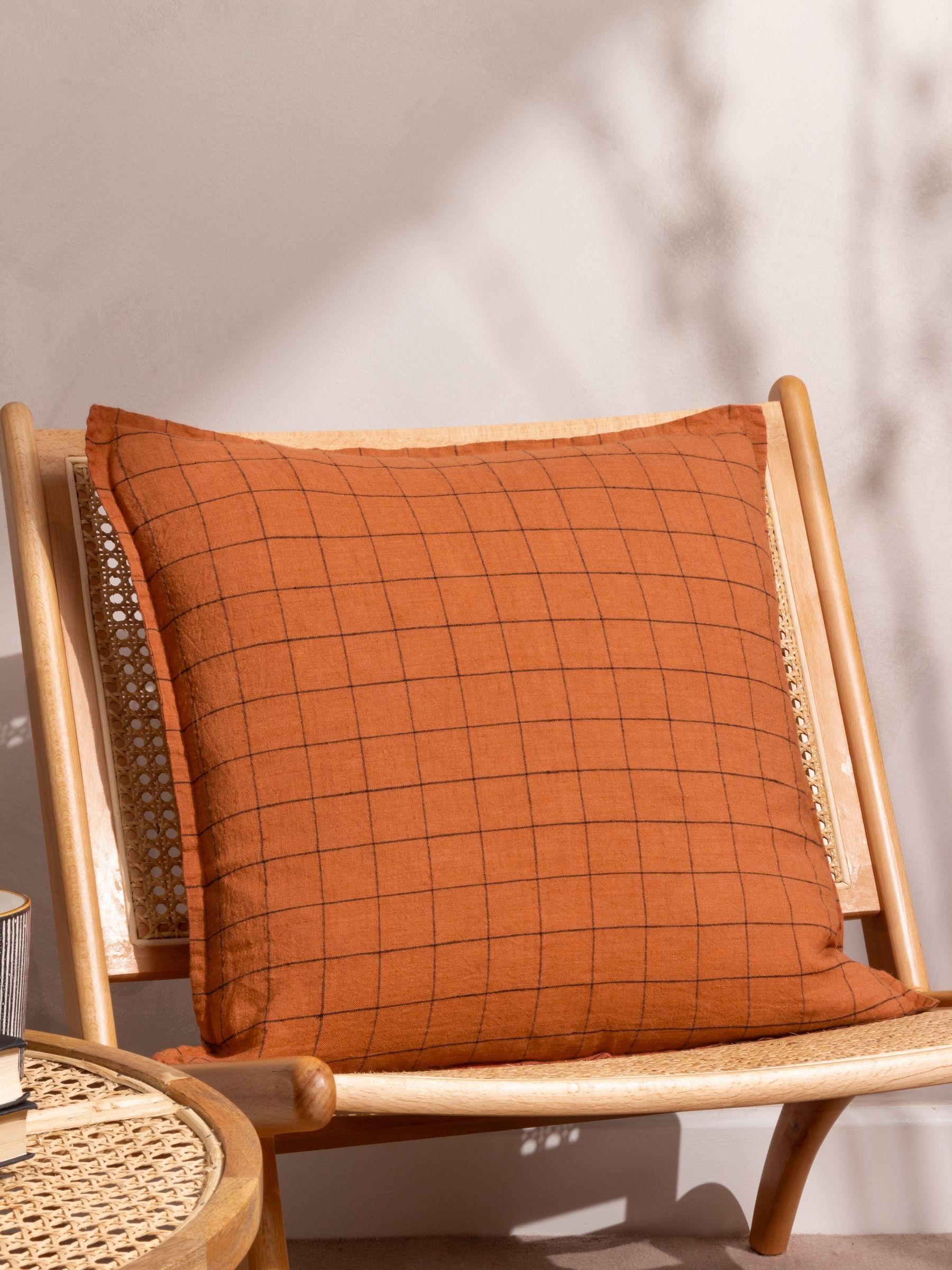 Yard Brick Red 100% Linen Grid Check Feather Filled Cushion - Image 4 of 5