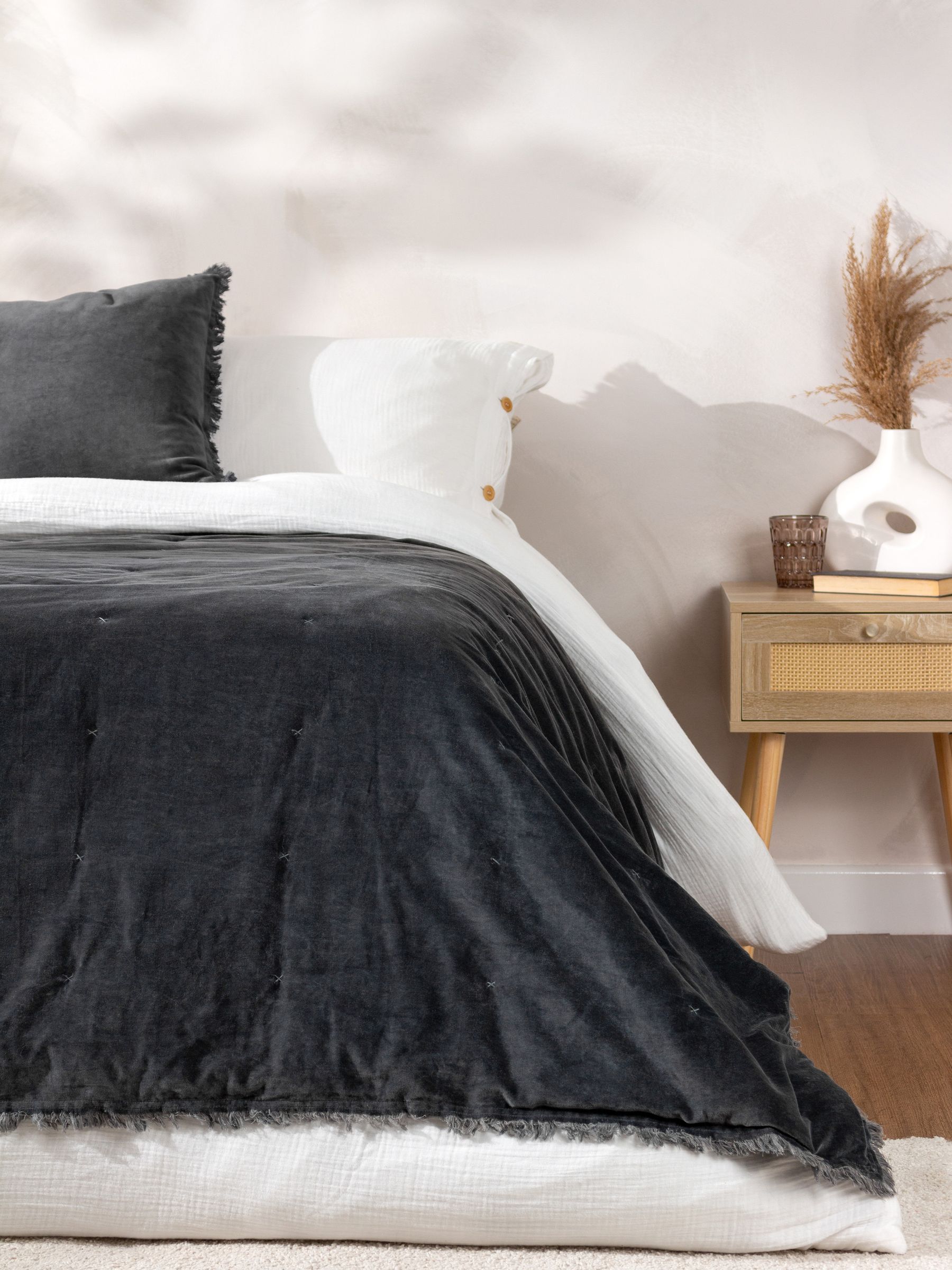 Yard Slate Blue Jaye Velvet Fringed Filled 100% Cotton Bedspread - Image 1 of 6