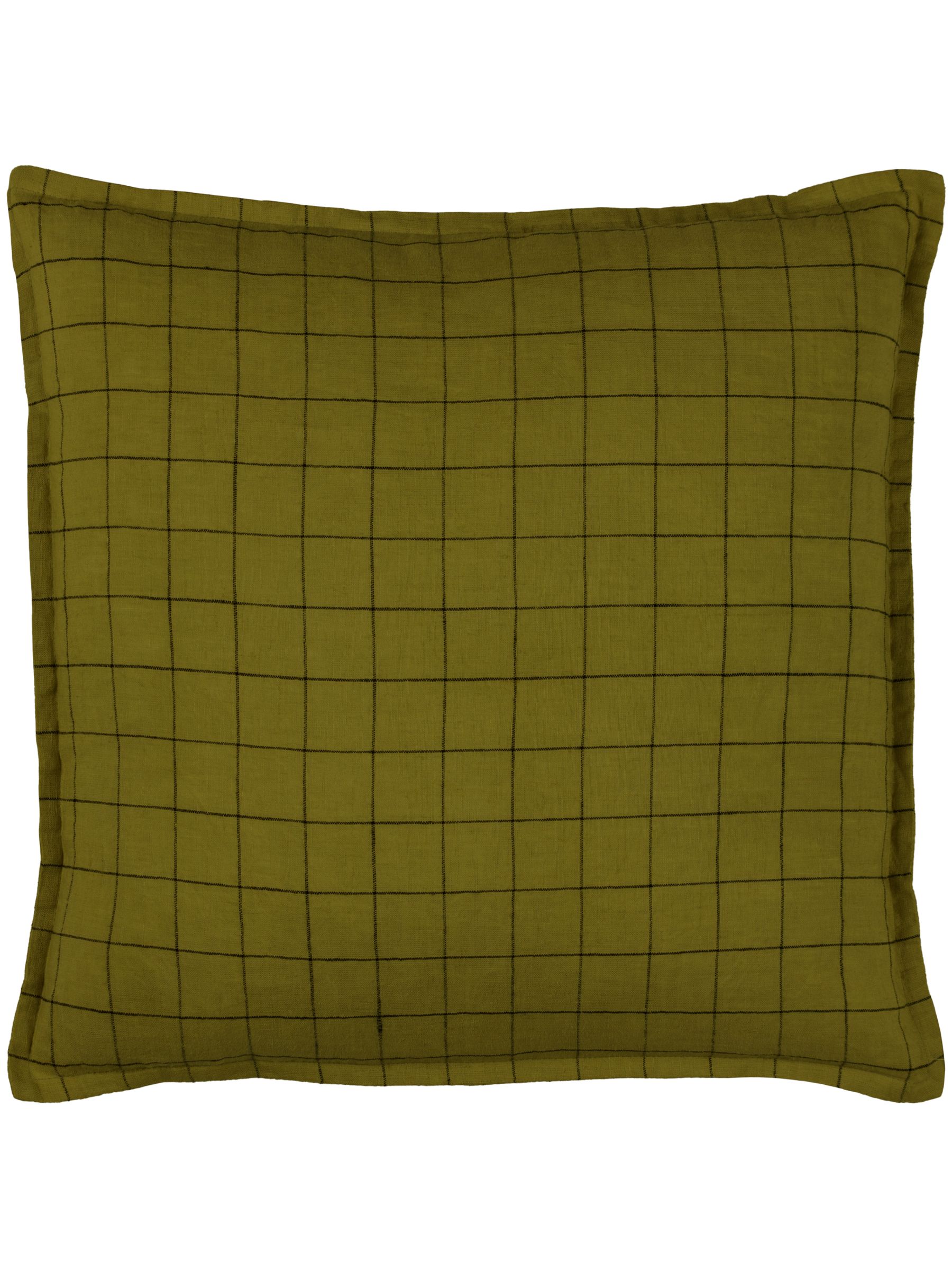 Yard Olive Green 100% Linen Grid Check Feather Filled Cushion - Image 1 of 5
