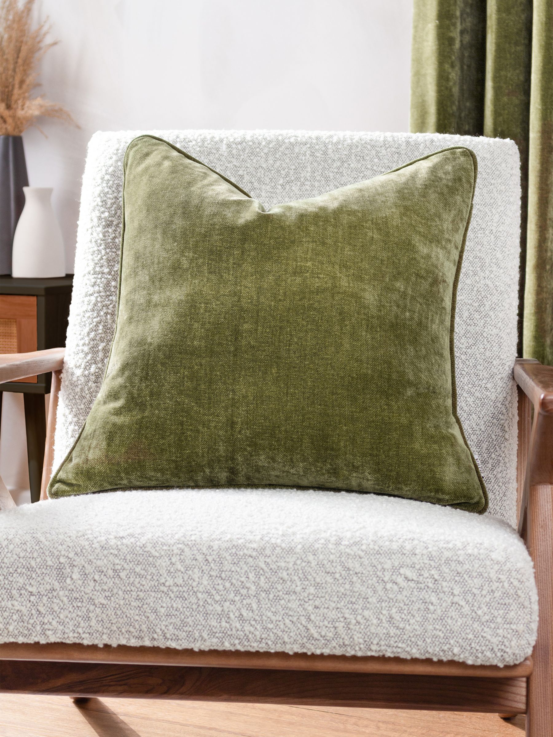 Yard Olive Green 50 x 50cm Heavy Chenille Velvet Piped Feather Filled Cushion - Image 4 of 4