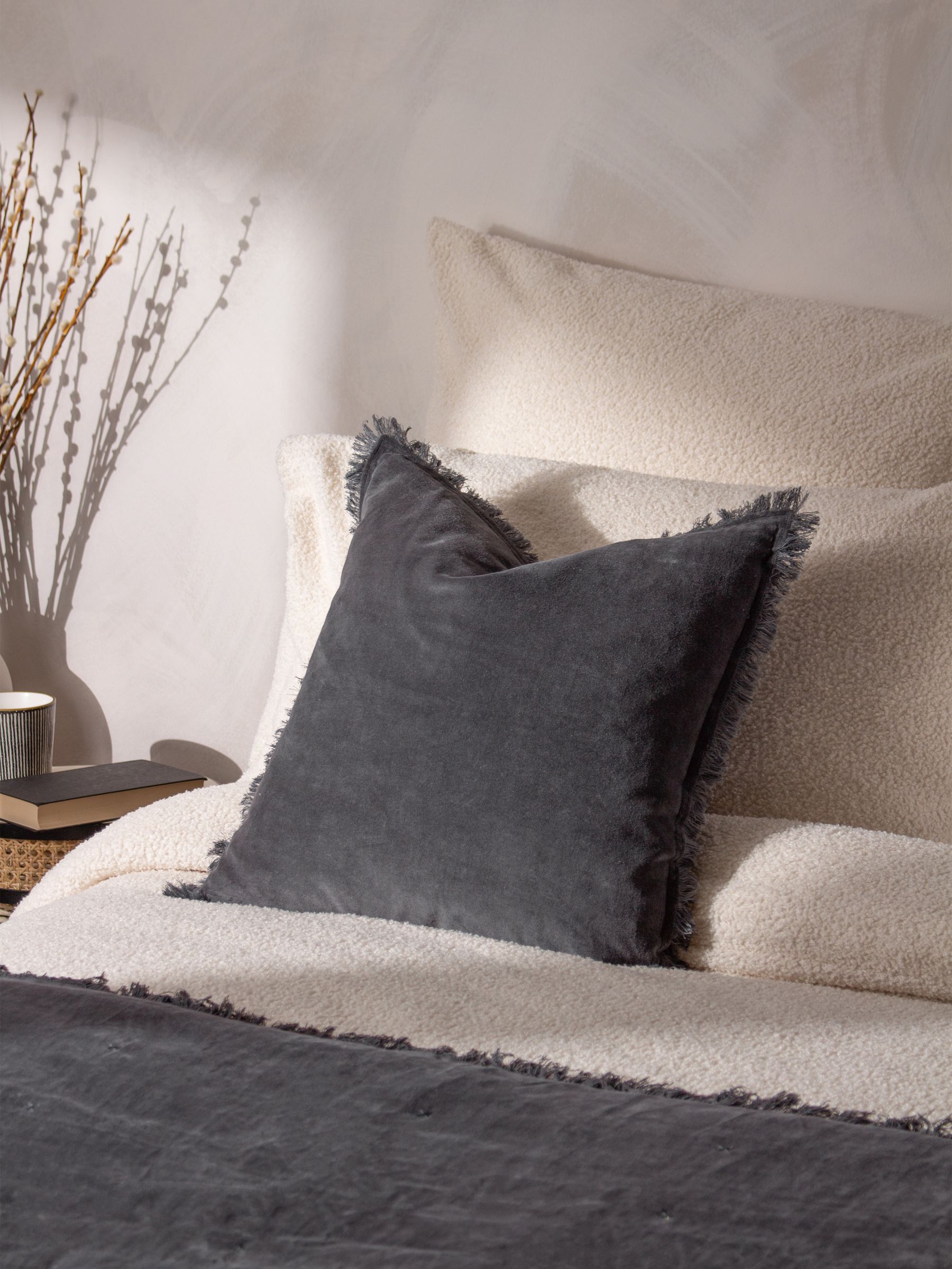 Yard Slate Blue Jaye Velvet Fringed Polyester Filled 100% Cotton Cushion - Image 1 of 6