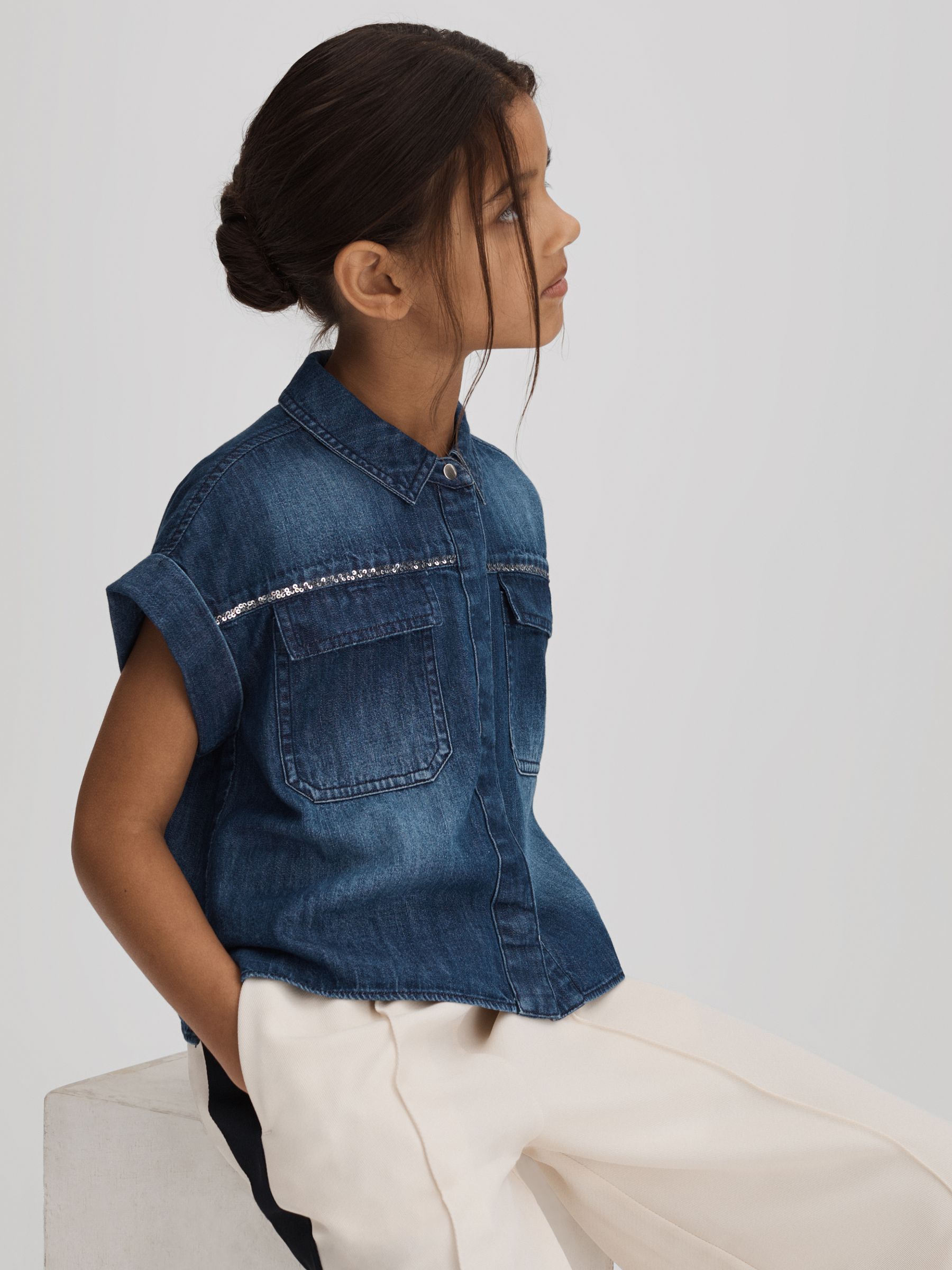 Teen Embellished Denim Shirt in Blue - Image 1 of 7