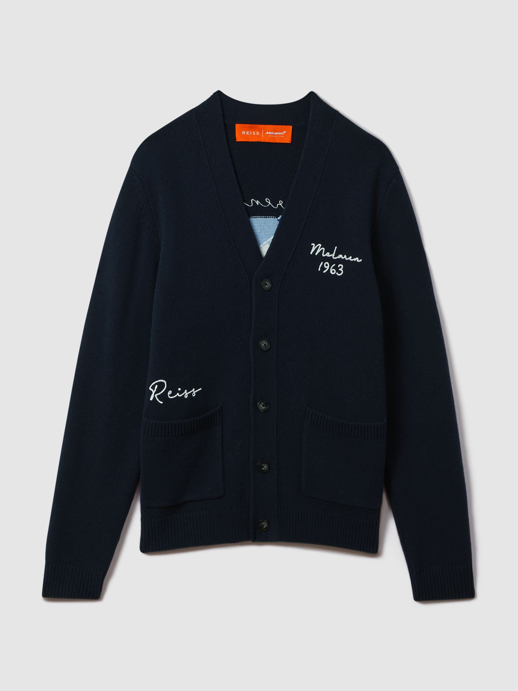 Reiss McLaren F1 Intarsia Cardigan in Navy | REISS