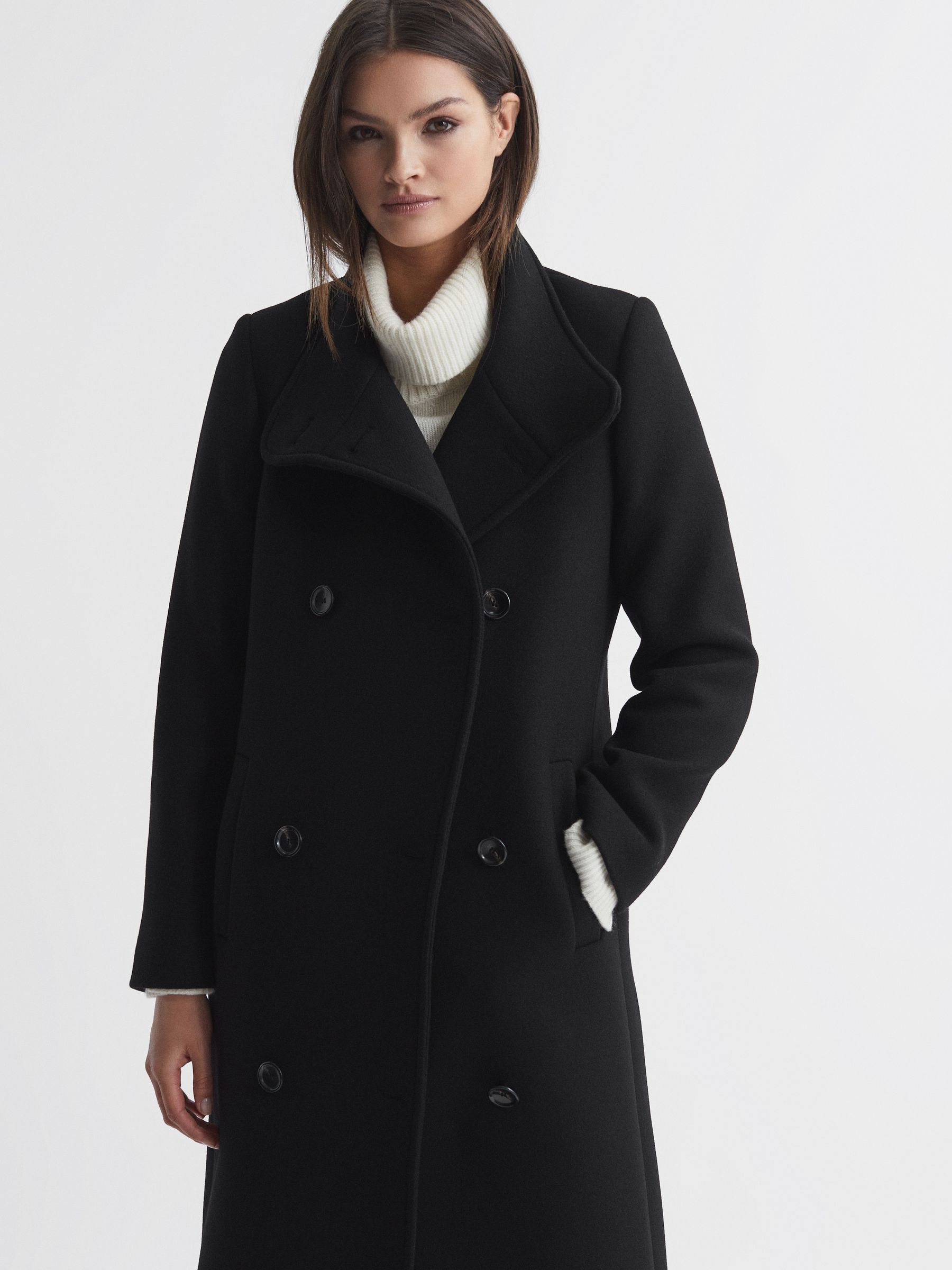 Petite Wool Blend Double Breasted Long Coat in Black - Image 1 of 6