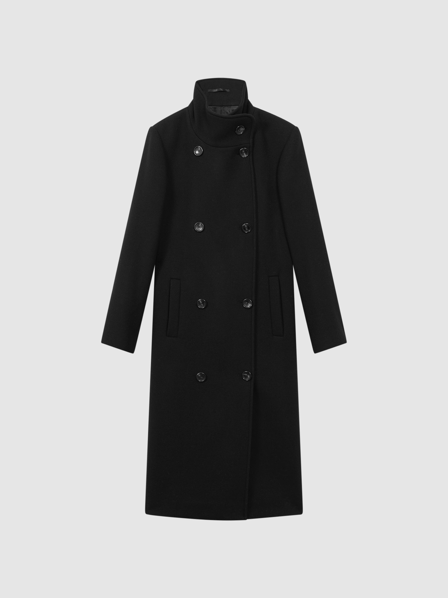 Petite Wool Blend Double Breasted Long Coat in Black - Image 2 of 6