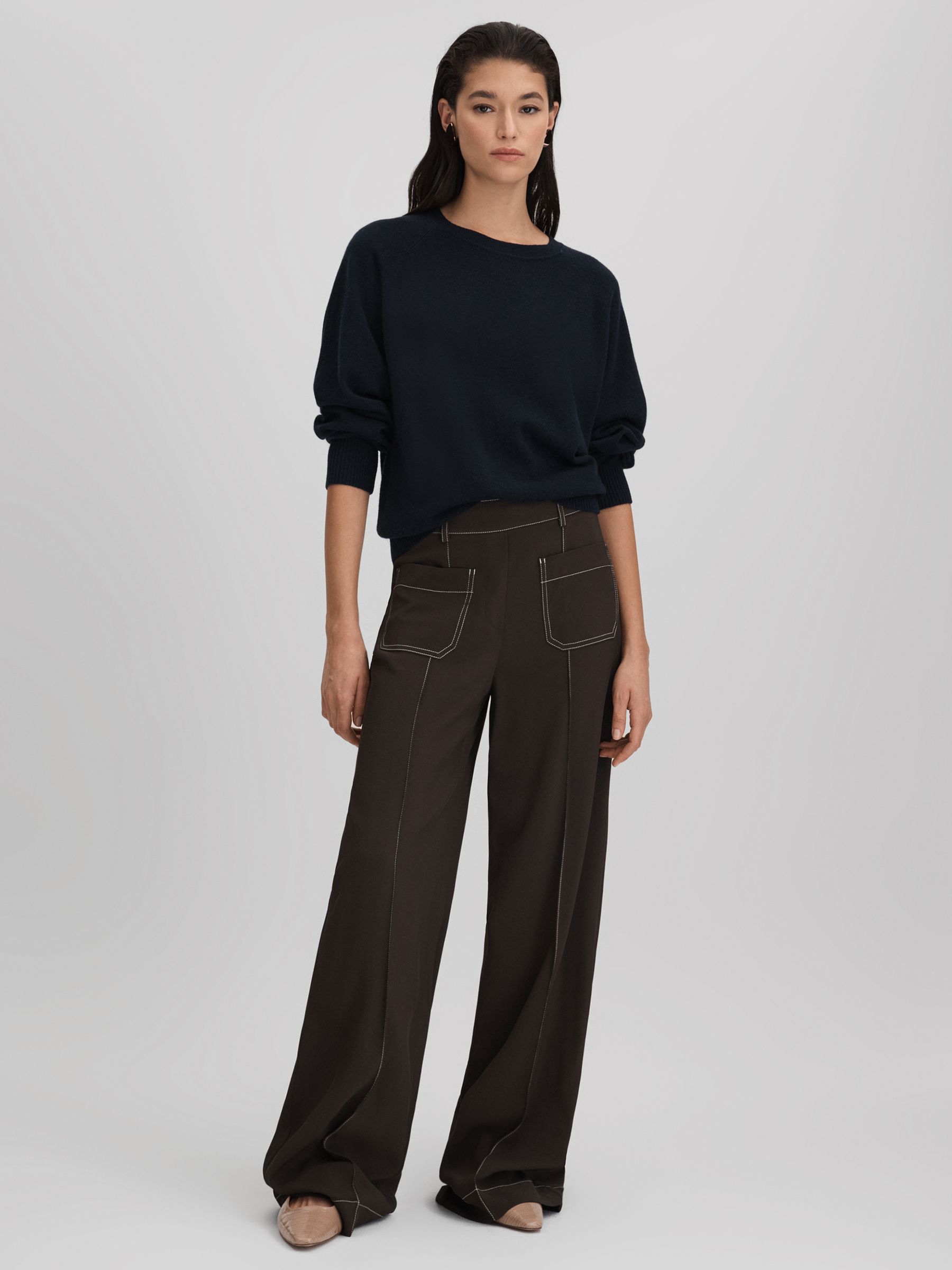 Oversized Wool Blend Crew Neck Jumper in Navy - Image 3 of 6