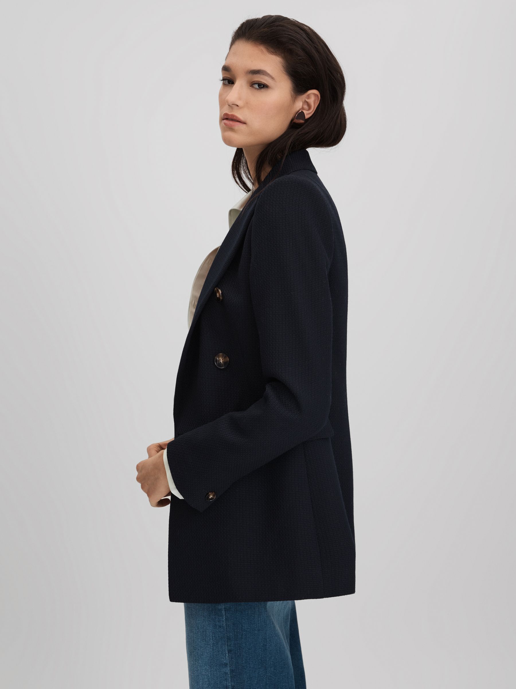 Lana Navy Petite Tailored Textured Wool Blend Double Breasted Blazer - Image 5 of 8