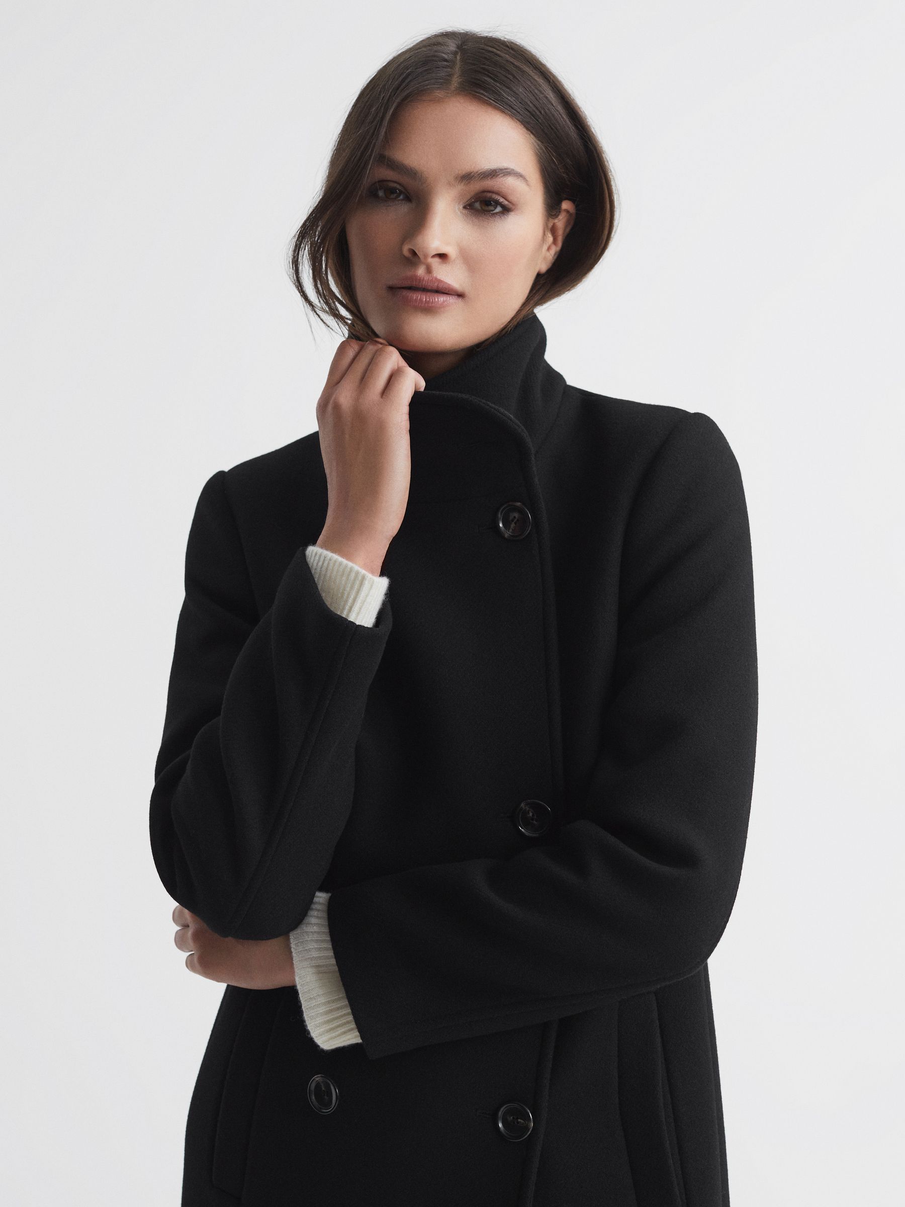 Wool Blend Double Breasted Long Coat in Black - Image 4 of 6