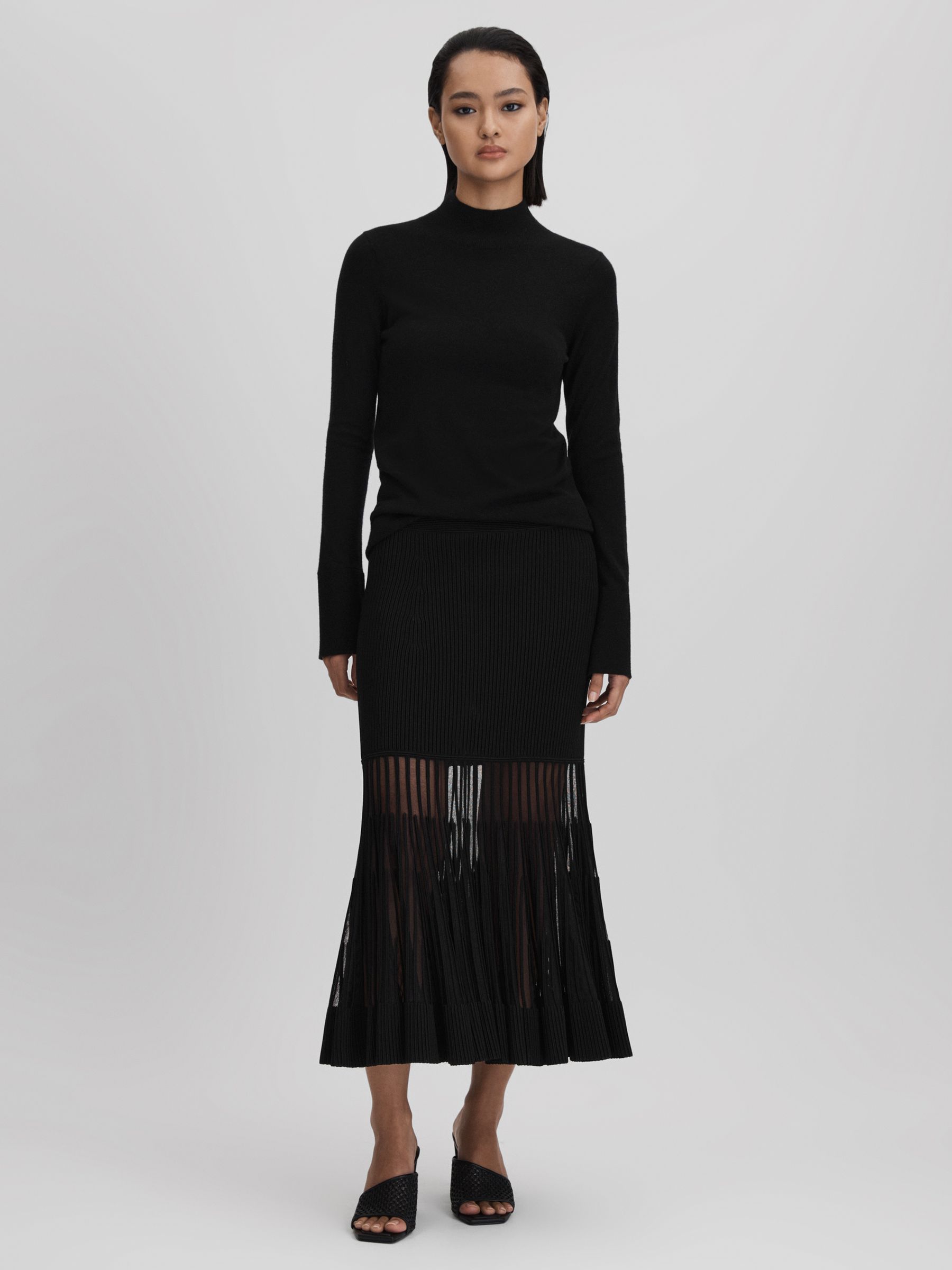 Knitted Sheer Flared Midi Skirt in Black - Image 5 of 6