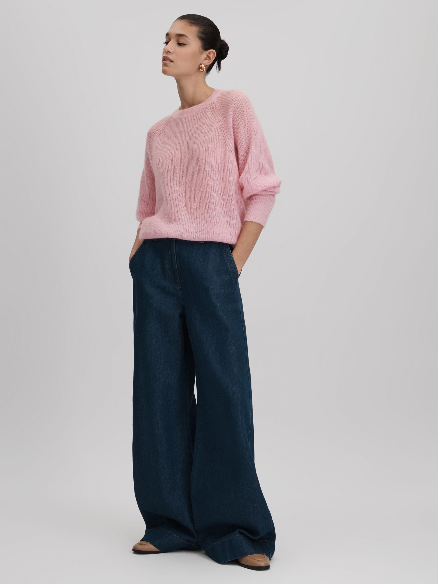 Oversized Crew Neck Jumper with Mohair in Light Pink - Image 1 of 6