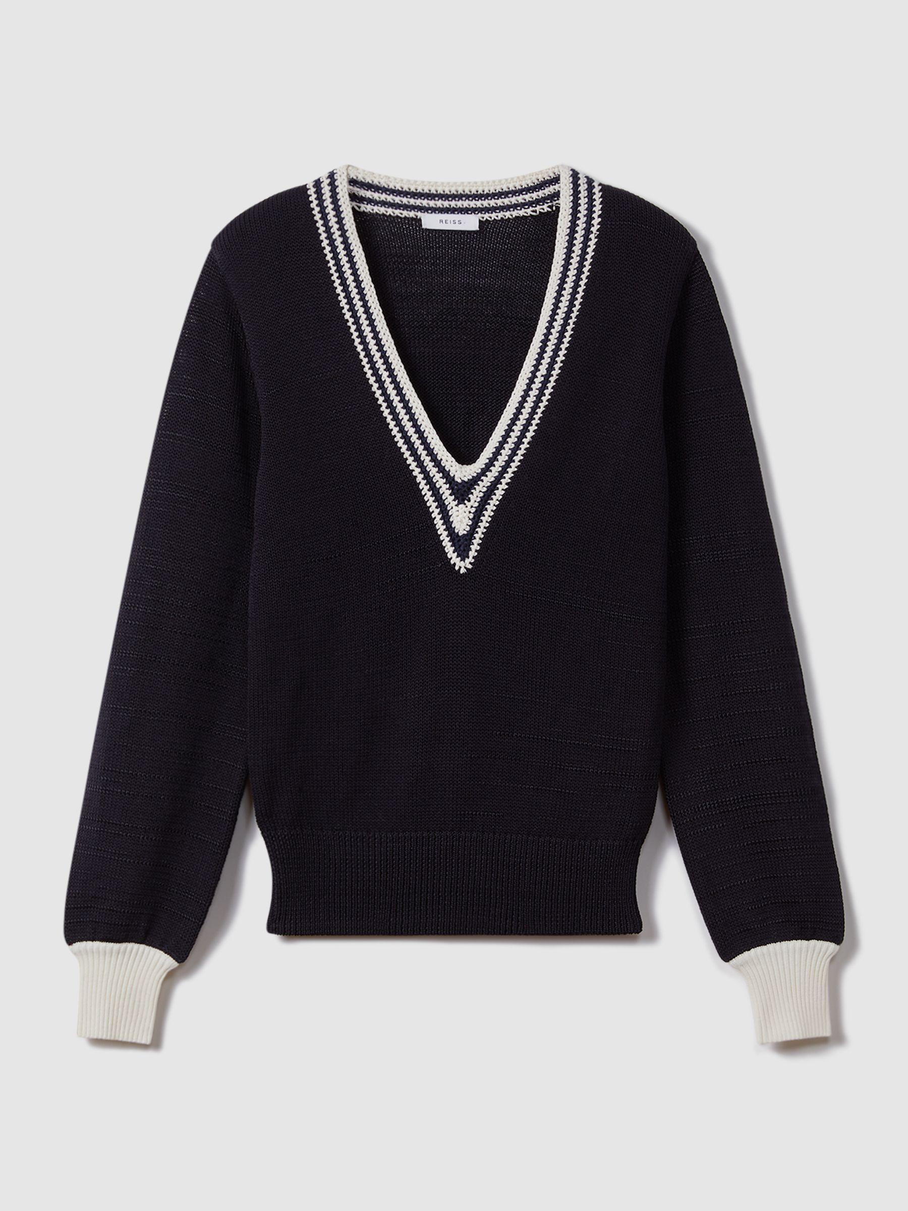 Crochet V-Neck Jumper in Navy/White - Image 2 of 6