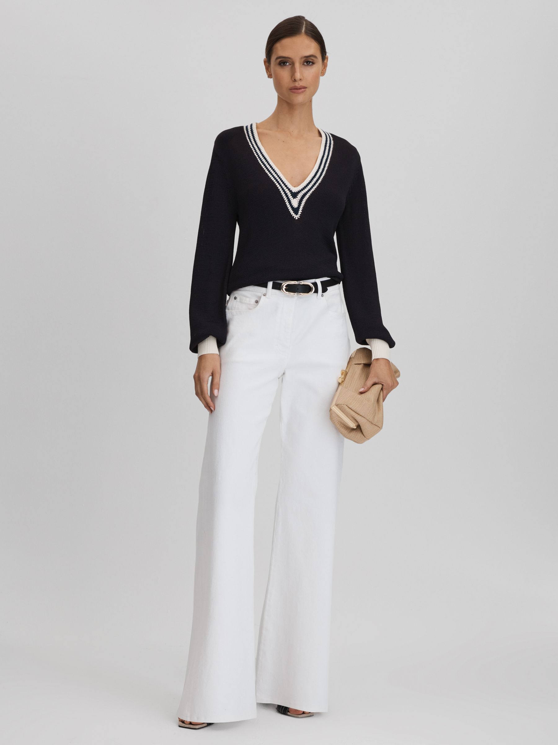 Crochet V-Neck Jumper in Navy/White - Image 3 of 6