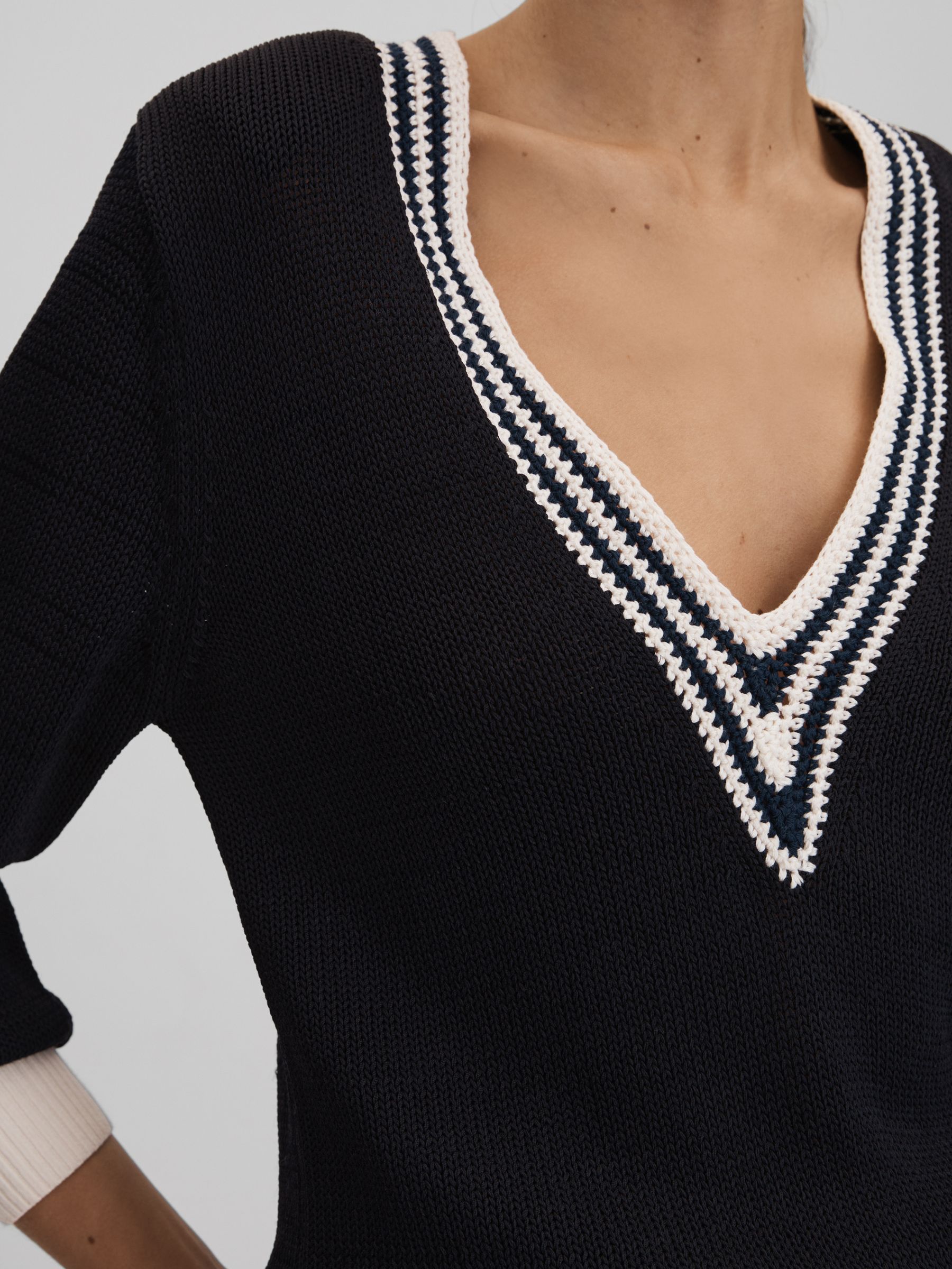 Crochet V-Neck Jumper in Navy/White - Image 4 of 6