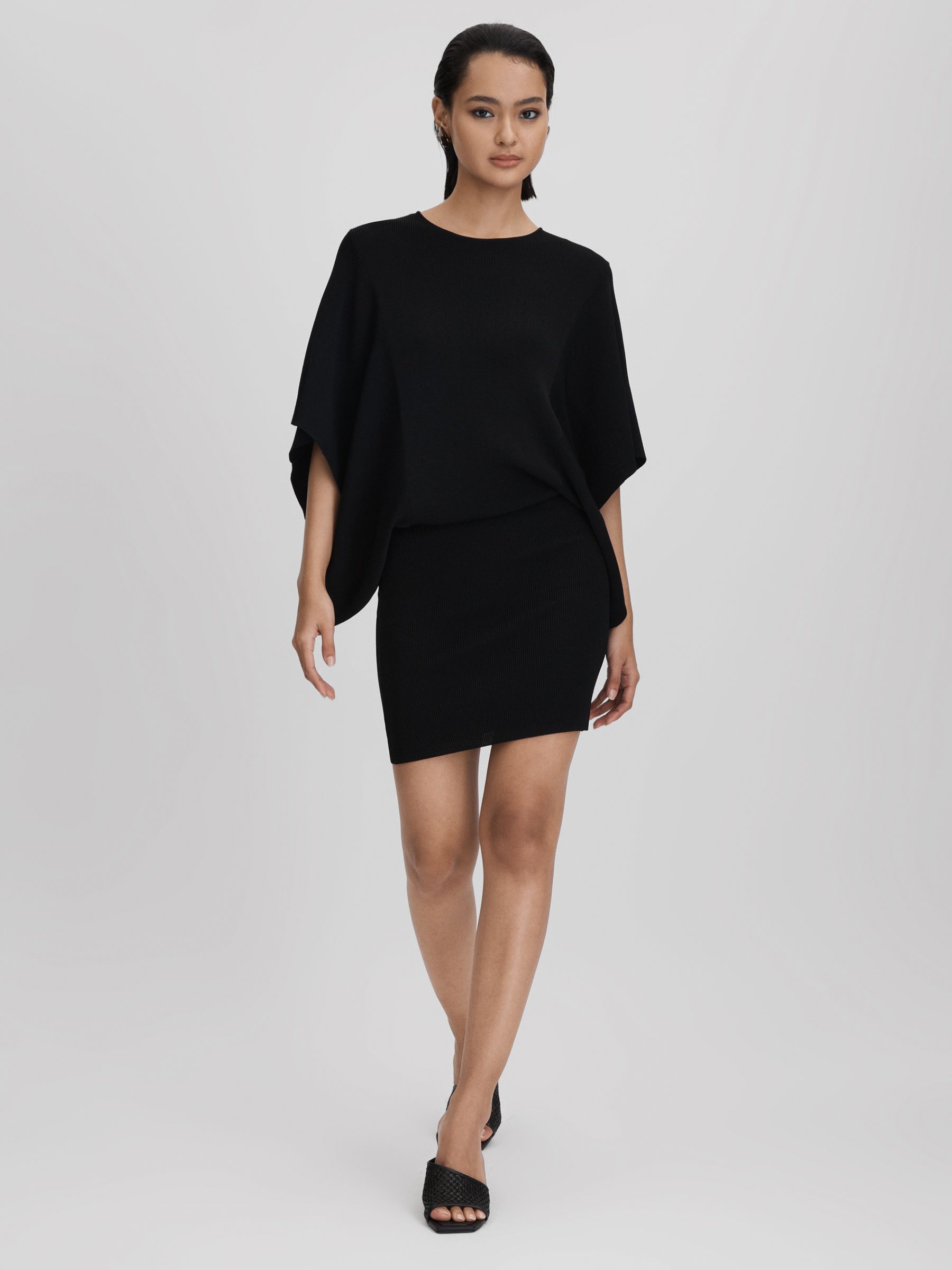 Knitted Cape Sleeve Mini Dress in Black - Image 3 of 6