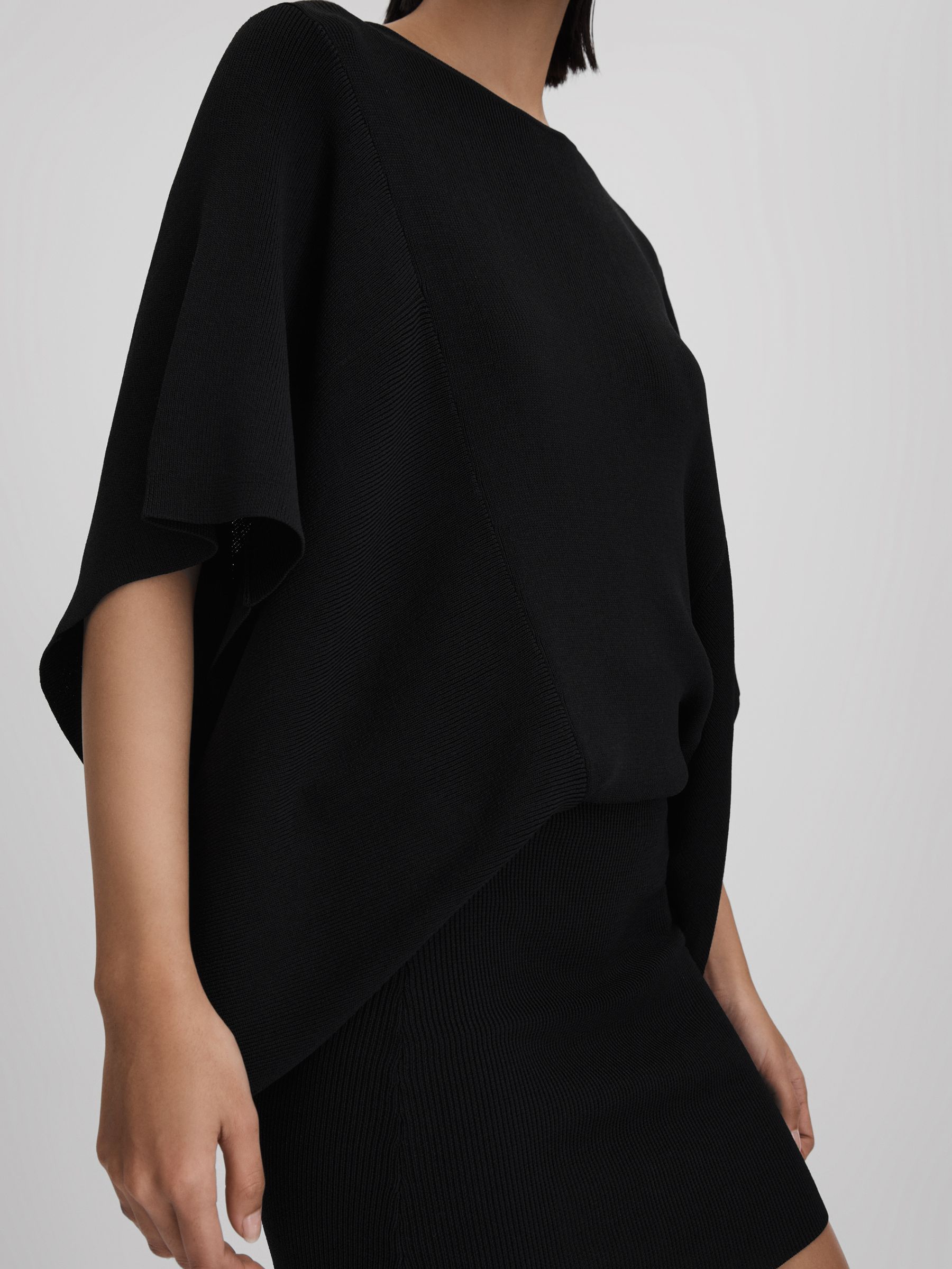 Knitted Cape Sleeve Mini Dress in Black - Image 4 of 6