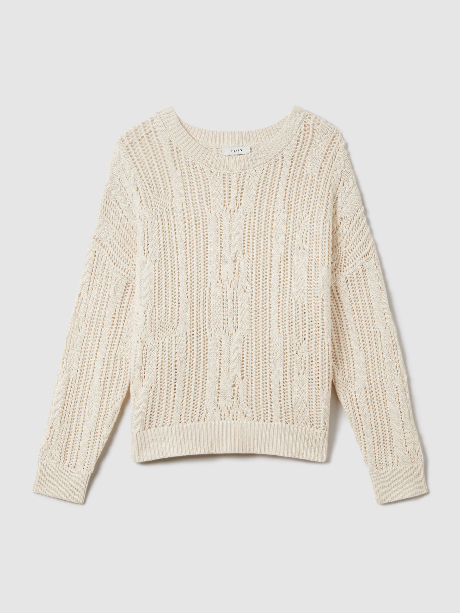 Cotton Blend Open Stitch Crew Neck Jumper in Ivory - Image 2 of 6