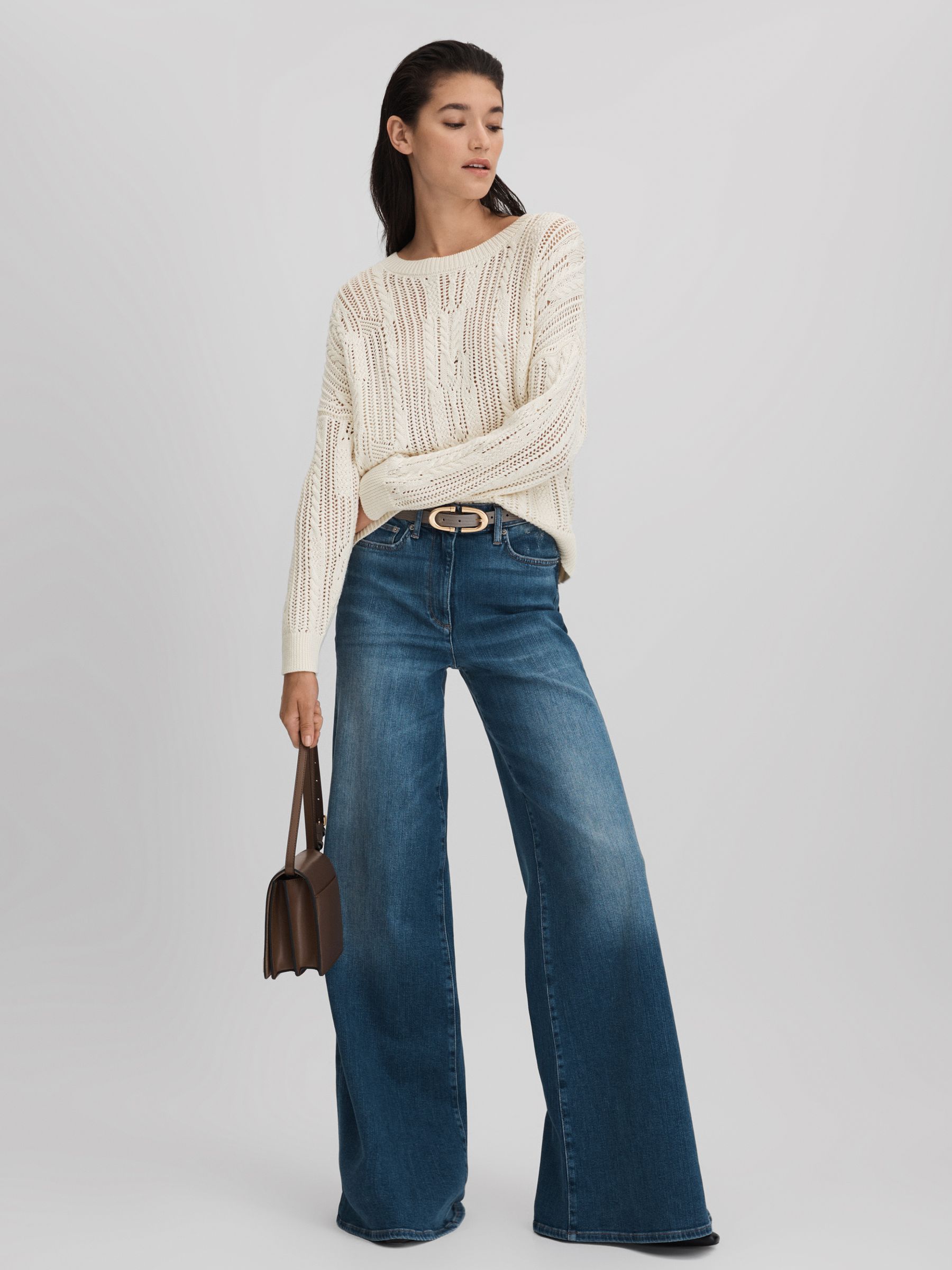 Cotton Blend Open Stitch Crew Neck Jumper in Ivory - Image 3 of 6