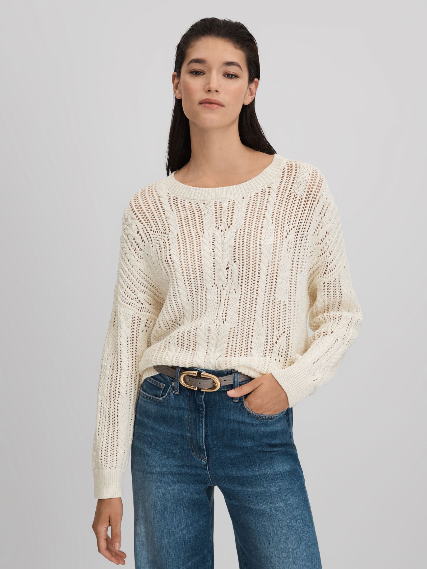 Cotton Blend Open Stitch Crew Neck Jumper in Ivory - Image 4 of 6