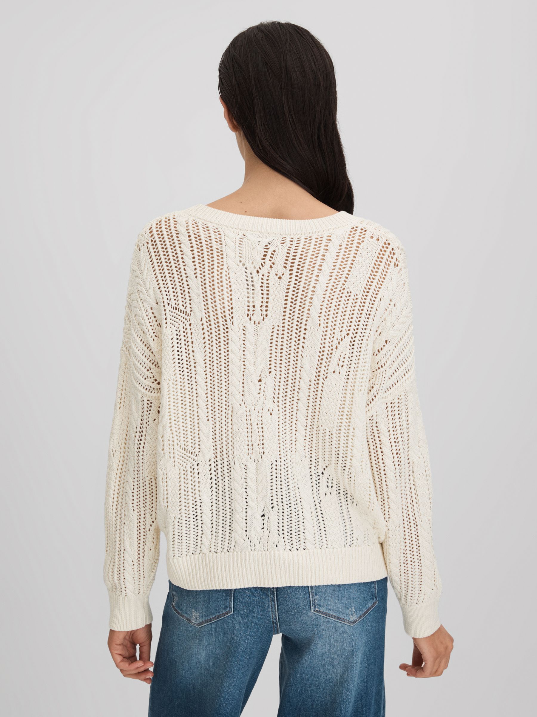 Cotton Blend Open Stitch Crew Neck Jumper in Ivory - Image 5 of 6