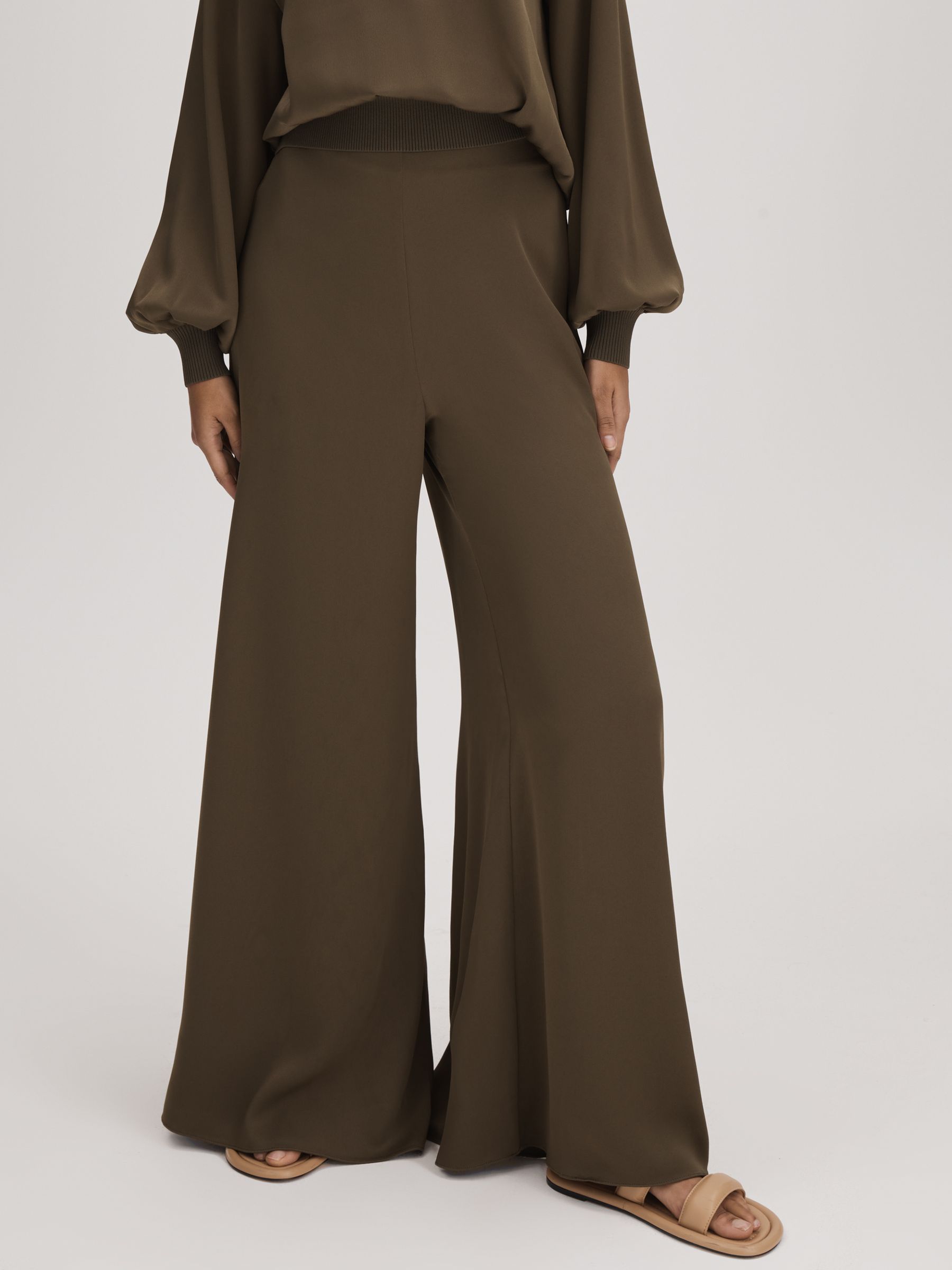 Florere Wide Leg Satin Trousers in Dark Khaki - Image 3 of 5