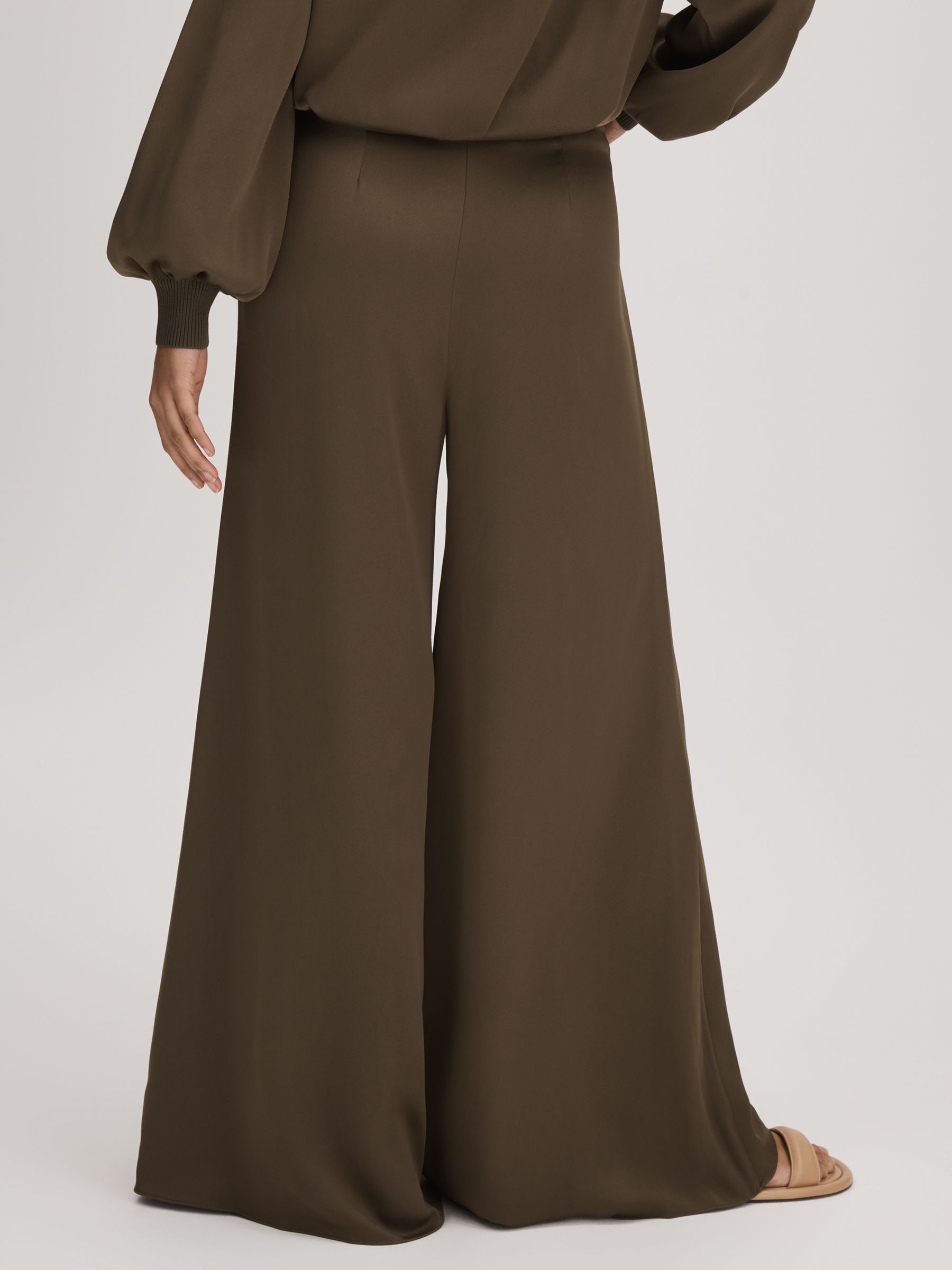 Florere Wide Leg Satin Trousers in Dark Khaki - Image 4 of 5