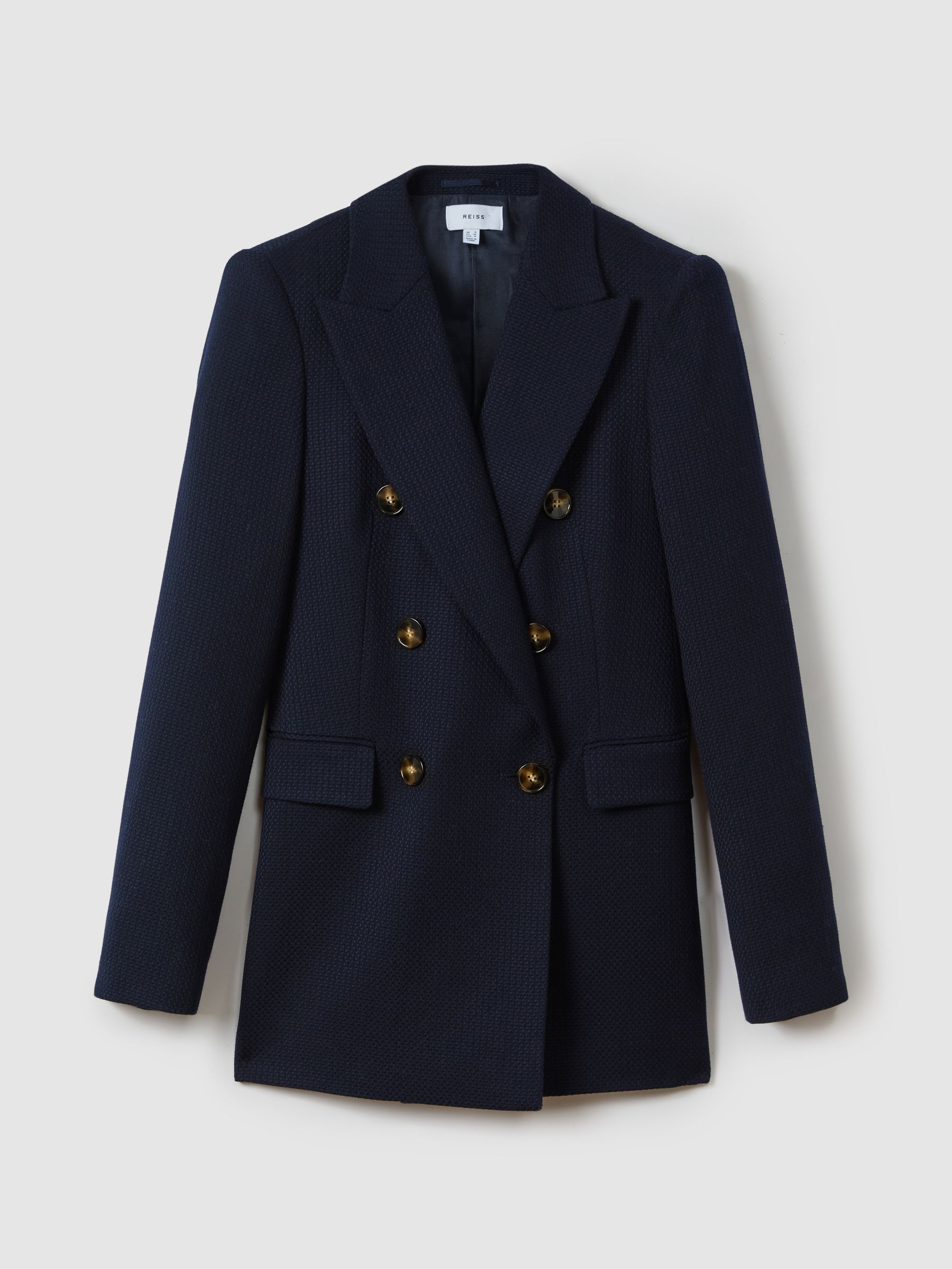 Lana Navy Tailored Textured Wool Blend Double Breasted Blazer - Image 2 of 7