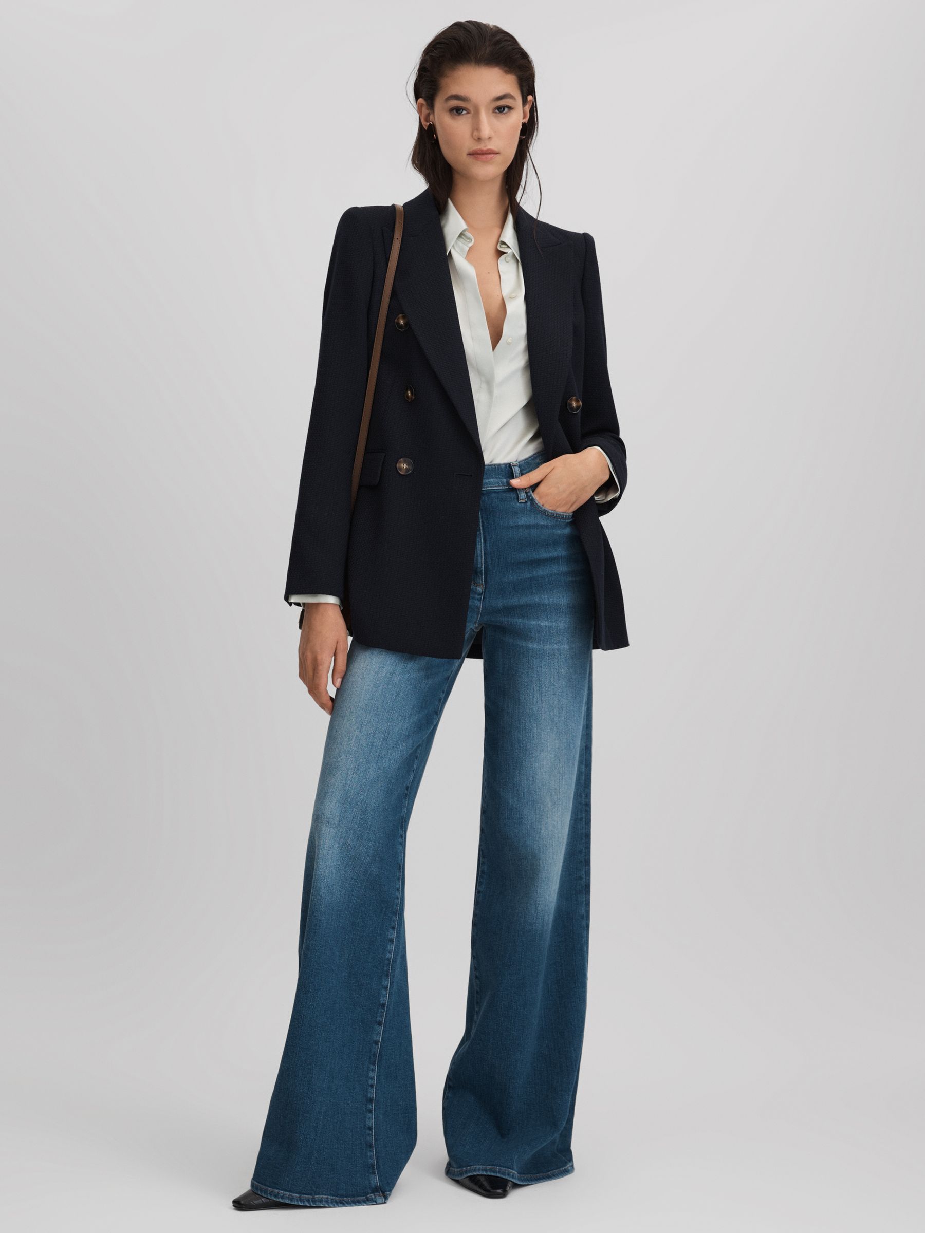 Lana Navy Tailored Textured Wool Blend Double Breasted Blazer - Image 3 of 7